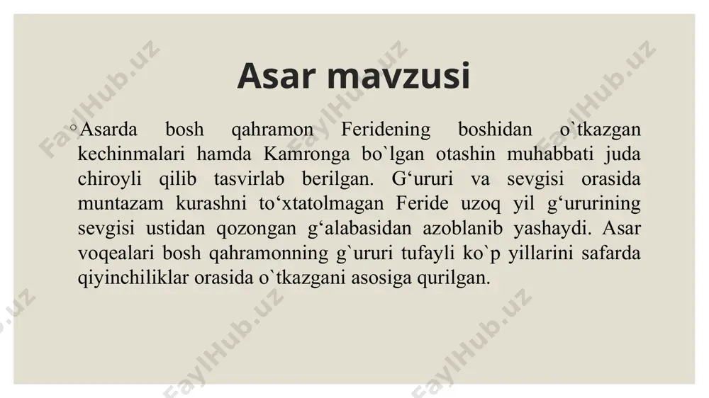 onalar”, “u yer bu yerda tutab yotgan yong‘in xarobalari” kabi ifodalar qo‘llanilgan. u yerdagi o‘quvchilar ahvoli ham juda achinarli edi. kitobxon uchun asar syujetida obrazlar timsolida o`sha davrdagi muhit juda aniqlik bilan keltirib o`tilgan. asardagi motivning badiiy-estetik vazifalari romanning mahzun va romantik tarzda o‘ziga xos hikoya qilinishiga o‘lim va ayriliq tushunchalarining, ya`ni motivlarining ta’siri kuchlidir. kichik yoshda ota-onasini yo‘qotgan feride to‘yi arafasida qattiq sevgan insoni kamrondan ayriladi. sal o‘tib munisa bilan yangi hayot boshlagan feride og‘ir xastalik sabab uni ham yo‘qotadi. asar so‘ngida esa otasiday ko‘rgan insoni xayrullohbey vafot yetadi. “hali yigirma uch yoshimga kirmadim; yuzimni, vujudimni bolalikning izlari hali tark etmadi, ammo ko‘nglim yaxshi ko‘rgan insonlarimning o‘liklari bilan liq to‘la”. feride tilidan aytilgan durdona bitiklar orqali asarda o`lim motivi juda ko`p uchraganligi yaqqol bilinadi. hamda asar voqealari davomida safar, sinov, to`y xatar, xiyonat kabi motivlar ham o`z o`rnini egallagan. syujet unsurlari asarda syujet unsurlaridan biri bo`lgan tugun feridening xiyonat …