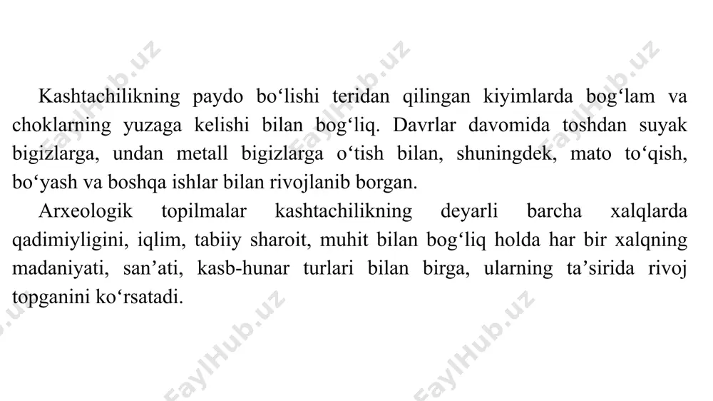 n birga xalq orasida qadrlanib, o’z mohiyatini boyitib bordi. o‘zbek kashtachiligi qo‘shni xalqlar kashtachiligi ta’sirida boyidi va rivojlandi. o‘zbek kashtalariga e’tibor berilsa, unda hind, xitoy, rus, qozoq, qirg‘iz va tojik kashtachiligi usullarini uchratish mumkin. kashtachilik san’atida har bir millatning o‘ziga xos eng ko‘p qo‘llaydigan naqshlari bo‘ladi. o‘zbek kashtalarida o‘simliksimon va geometrik naqshlar ko‘p qo‘llaniladi. oʻzbek kashtadoʻzlari buyum bezaklarida amaliy bezak sanʼatining boshqa turlaridagi naqshlardan andoza olganlar, kashtalarda oʻsimliksimon tasvirlar, shox, gulband, guldastalar koʻp uchraydi. naqsh mujassamotida asosiy bezak matoning oʻrtasida boʻlib, hoshiyalar qoʻshimcha bezak hisoblanadi. lekin hoshiya bezagi mahorat bilan ishlangan kashtalar ham koʻp. ganchkorlik, yogʻoch oʻymakorligi, kandakorlik, naqqoshlikda uchraydigan islimiy gul (naqsh)lar kashtachilikda ham koʻp uchrashi chizmakash (naqqosh)lar amaliy bezak sanʼatining turli sohalariga chizma (naqsh)lar tayyorlaganini koʻrsatadi. kashtachilikda chizmakashlar yaratgan naqsh(gul)lar asosida kashtadoʻzlar badiiy buyum yaratadilar. 1990-yillarga kelib o‘zbekistonning iqtisodiy ahvoli va an‘anaviy hunarmandchiligi estetikasi nihoyatda ayanchli holatda qolgani bois, xx asr boshi kashtachiligi an‘anasi barham topdi. hamma sohada …