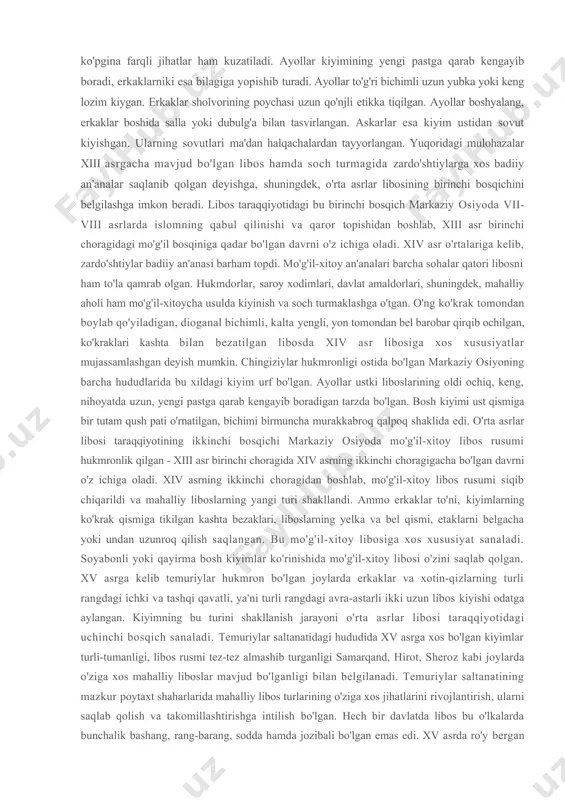 i asrlar toxariston liboslariga xos bo'lgan jihatlar ham kuzatiladi. toxariston libosi uchun yelkasi yopishib turadigan va etagi trapetsiyasimon bo'lgan ko'rinishga xosdir. miniatura ishtirokchilarining soch turmaklari ham o'xshash, ya'ni boshning o'rtasidan yarmi ochilgan, soch tolalari quloq orasidan yuziga tushib turibdi. matolarning kvadrat va turli rangdagi tor yo'lakchali bezaklari ham barcha kishilar liboslarida bir-biriga monand. «varka va gulshoh» asaridagi erkak va ayol qiyofalarini bir-biridan ajratish qiyin. ularning kiyimlari etagi birmuncha keng, o'ziga xos bichimda dumaloq shakldagi ko'ylaklar to'g'risida tasavvur beradi. old qismi qisqapoq, orqasi uzunroq, bu ko'ylaklarning astari ko'pincha yo'1-yo'l matodan tikilgan. erkak va ayollar kiyimlari tashqi jihatdan o'xshash bo'lsada, ularda ko'pgina farqli jihatlar ham kuzatiladi. ayollar kiyimining yengi pastga qarab kengayib boradi, erkaklarniki esa bilagiga yopishib turadi. ayollar to'g'ri bichimli uzun yubka yoki keng lozim kiygan. erkaklar sholvorining poychasi uzun qo'njli etikka tiqilgan. ayollar boshyalang, erkaklar boshida salla yoki dubulg'a bilan tasvirlangan. askarlar esa kiyim ustidan sovut kiyishgan. ularning sovutlari ma'dan …