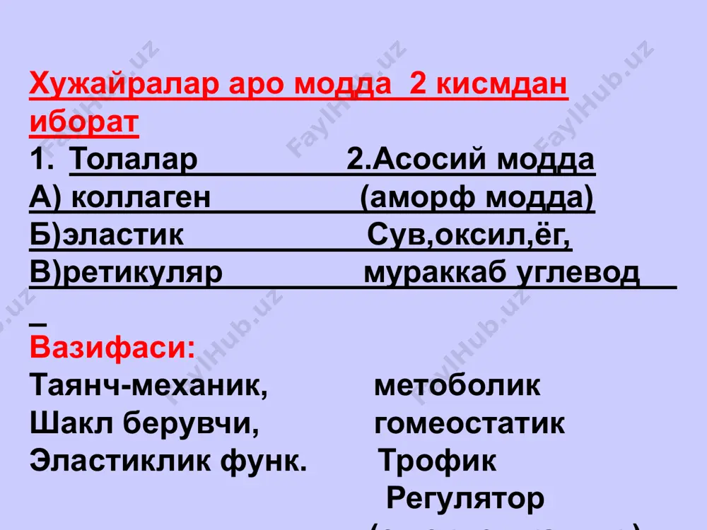 тоз орқали базолатерал мембранага молекулаларни ўтказади. ингичка ичакнинг бир қаватли призматик жиякли эпителийси жиякли энтероцит апикал қисмининг ультраструктураси-микроворсинка кекирдакнинг бир қаватли қўп қаторли ҳилпилловчи эпителийси нафас йўлларини ва жинсий системанинг айрим қисмларини қоплайди; бу эпителийда ҳар бир хужайра базал мембранада ётади, аммо хужайраларнинг шакли турлича ва шу сабали ядролари ҳар хил текисликда ётади; ҳужайраларнинг апикал юзаси киприкчалар тутади. кекирдакнинг бир қаватли қўп қаторли киприкли эпителий: 1-киприкли ҳужайра, 2-қадоқсимон ҳужайра, 3-оралиқ, 4-базал, 5-эндокриноцит, 6-базал мембрана, 7-бириктирувчи тўқима киприкли ҳужайра апикал қисмининг ультраструктураси кўп қаватли эпителий тузилиш схемаси 1 – базал мембрана, 7 – базал қават, 8 – оралиқ қават, 9 – юза қават, 10 – тиканаксимон қават, 11 – донадор қават, 12 – ялтироқ қават, 13 – мугуз қават, 14 –қон капиляри simple squamous epithelium кўп қаватли ясси мугузланмайдиган эпителий гематоксилин-эозин билан бўялган 1 – базал қават 2 –тиканаксимон қават 3 – юза қават кўп қаватли мугузланувчи эпителий: 1 – базал …