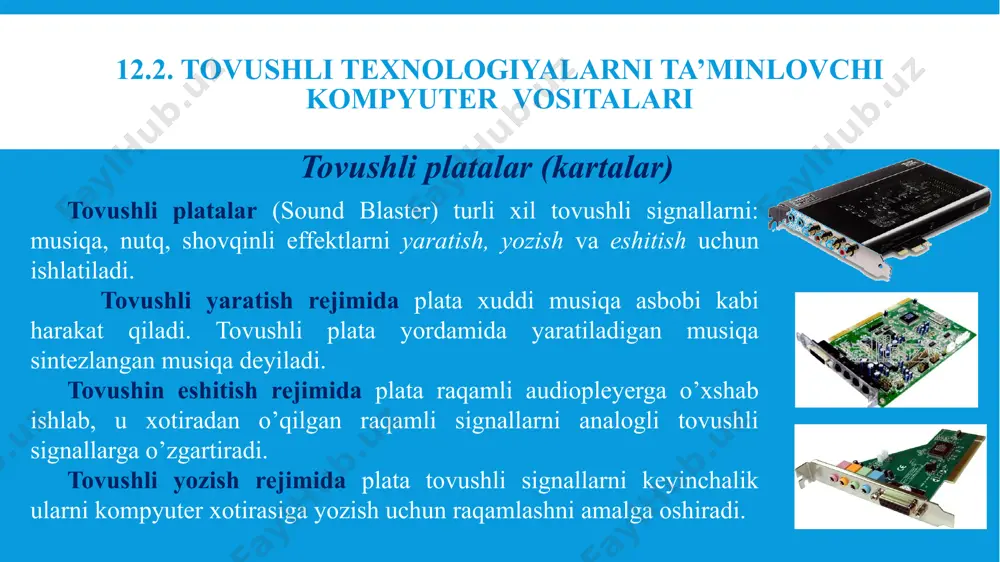 ga ega bo’ladi (hammasi piksellarda). yukori sifatli platalar (creativ lab video blaster va b.) mavjuddir, ular videokadrlarni to’liq ekranga chiqarib berishi mumkin, lekin ular ham, odatda, to’liq ekranli qamrashni amalga oshira olmaydi. videoqamrash platasi videofayllarning sig’imi katta bo’lganligi sababli ular o’zatishda va xotiraga yozishda siqiladi (videoma’lumotlarni kompressiya qilish bajariladi); rasmni qayta tiklashda teskari jarayon - dekompressiya bajariladi. hozirgi vaqtda ma’lumotlarni siqishning ham dasturli, ham apparat yo’li bilan amalga oshiriladigan bir nechta usullari mavjud. qiymatlarni siqish vositalarini odatda kodek deb ataladi (codec - compressor-decompressor). masalan, motion jpeg, indeo, cinepak va b. kodek lar keng tarqalgandir. ikkinchi tipdagi videoqamrash platalari, ko’rsatilgan qiyinchiliklarga qaramasdan, haqiqiy vaqt oralig’ida dinamik tasvirlarni - "tirik video" ni yaratish va qayta ishlash bo’yicha keng istiqbollar yaratadi. videoqamrash platasi 12.6. mikrofon va ovoz kuchaytirgich agar biz audioadapter urnatgan bulsak, tabiiyki unga ovoz kuchaytirgichni kalonkalarini ulash kerak. ovoz kalonkalarini 2 xil turi mavjud: passiv va faol. ularning asosiy farki shundaki …