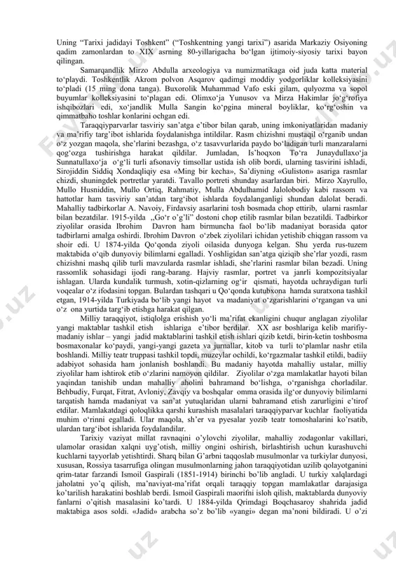 ning turmushini, xo‘jalik hayotini, turkiston manzaralarini va o‘lkani bosib olish jarayonida jang ko‘rinishlarini ifodalaganlar. rus rassomlari ta'sirida mahalliy yoshlardan rassom va haykaltaroshlar yetishdi. ularning ishlaridan namunalarni farg‘ona mehmonxonalarida devorlarga ishlangan manzaralar, sitorai mohi xosa saroyidagi sherlar haykallari, hovuzlarga qo‘yilgan ajdarning boshi aks ettirilgan marmar novlar (hovuzi xo‘ja zayniddin, hovuzi rashid) kabilarda ko‘rish mumkin. shuningdek, naqqoshlikda qush va hayvonlar tasvirlari ko‘paydi. ishlangan tasviriy san’at asarlarida milliy rasm chizish uslubi yevropa rasm chizish uslubi bilan uyg‘unlashtirishga intilish paydo bo‘ldi. bu xususiyatni buxorolik rassom ahmad donish ishlarida ko’rish mumkin. uning alisher navoyining layli va majnun dostoniga ishlagan kompozitsiyalarida shu holni ko‘rish mumkin. ahmad donish yozuvchi, shoir, rassom, hattot sifatida tanildi. u rossiya shaharlarida bo‘lib yangi hayot, voqelikka yangicha qarash tuyg‘usi bilan yashadi va mehnat qildi, uning bu qarashlari ilmiy risolalarida, mo‘jaz rasmlarida o‘z ifodasini topdi. donishning mujaz rasmlarida voqelikni o‘ziga aynan o’xshatishga intilib ishlanganligi rasmda tasvirlangan yaqin va uzoqdagi buyumlarning katta va kichik …