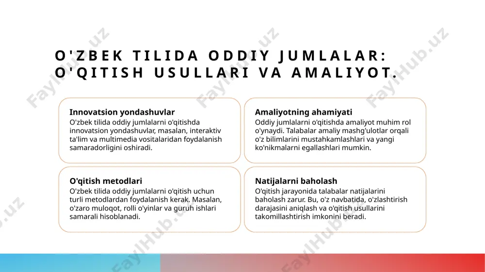h - "men kitob o'qiyapman" jumlasida "men" subyekt, "o'qiyapman" predikat, "kitob" esa ob'ektdir. bu jumlalar tuzilishini aniq ko'rsatadi. 3 qo'llanilish usullari - o'zbek tilida jumla tuzilishini o'rgatishda interaktiv metodlar, masalan, rolli o'yinlar va guruh muhokamalari samarali qo'llaniladi, bu esa tushunishni yaxshilaydi. xulosa oddiy jumlalar ahamiyati innovatsion yondashuvlar muammolar va yechimlar o'zbek tilida oddiy jumlalar til o'rganish jarayonida asosiy rol o'ynaydi. ular tilni tushunish va muloqot qilishni osonlashtiradi. oddiy jumlalarni o'qitishda innovatsion usullar, talabalarning qiziqishini oshirib, o'qitish jarayonini samarali qiladi. bu, o'z navbatida, tilni tezroq o'zlashtirishga yordam beradi. oddiy jumlalarni o'qitishda uchraydigan muammolar, masalan, tushunmovchiliklar, samarali metodlar bilan hal etilishi mumkin. o'qituvchilar buni inobatga olishlari zarur. e'tiboringiz uchun rahmat! /docprops/thumbnail.jpeg