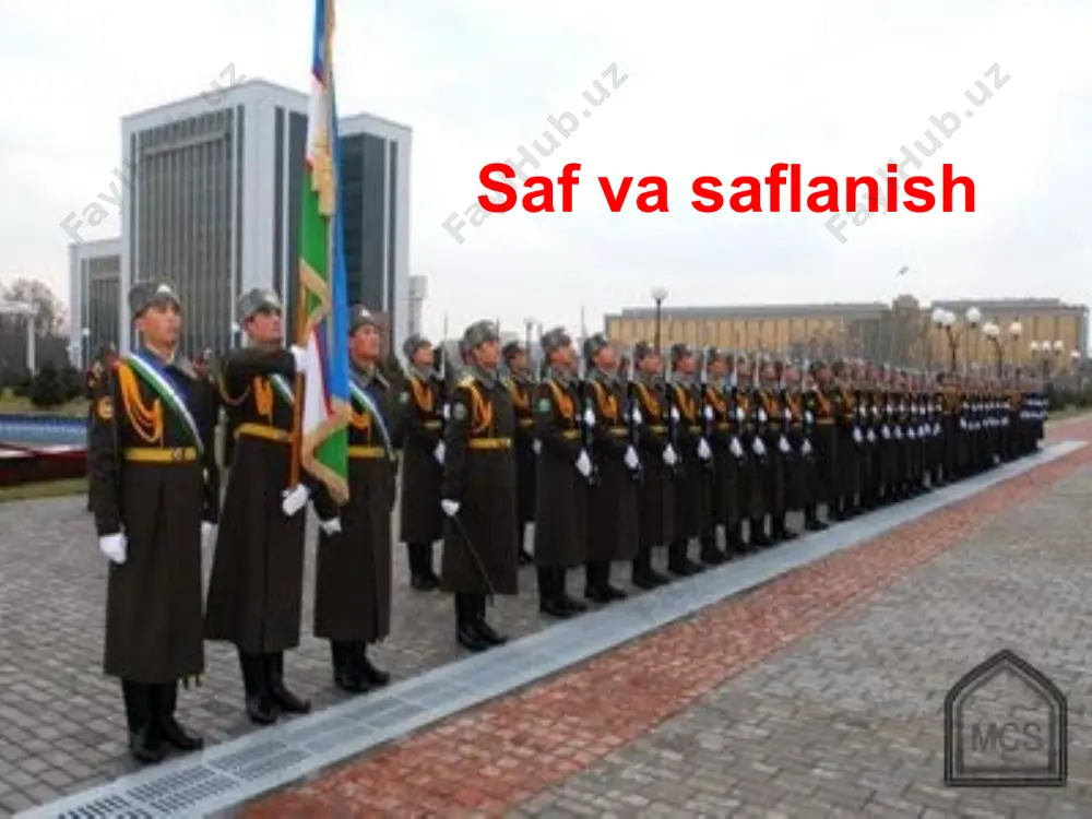 lmagan taqdirda ham qad rostlab turiladi: ---buyruq berilgan va olinganda, --- bildiruv berilganda, ---o'zbekiston respublikasining davlat madhiyasi yangraganda, ---harbiy salom-alik qilinganda. «erkin» komandasi berilganda o'zini erkin qo'yib, o'ng yoki chap tizzasini xiyol bukib, joyidan qimirlamasdan, xotirani jam qilib va gaplashmasdan turiladi. «to'g'rilansin» komandasi berilganda, safdagi joyidan jilmasdan qurol, kiyim-kechak va anjomlar to'g'rilanadi, zarur hollarda safdan chiqiladi, ruxsat uchun bevosita boshliqqa murojaat qilinadi. «to'g'rilansin» komandasi oldidan «erkin» komandasi beriladi. «erkin» komandasi bosh kiyimni yechish yoki kiyish uchun — «bosh kiyimlar yechilsin» buyrug’idan so’ng chap qo’l bilan bosh kiyim yechiladi, kiyish uchun esa «bosh kiyimlar kiyilsin» komandasi beriladi. zarur hol­larda bir o'zi bo'lgan harbiy xizmatchi bosh kiyimini komandasiz yechib kiyadi. harbiycha salomlashish tartibi harbiycha salomlashish harbiy xizmatchilar birodarlarcha jipsligining ifodasi, o'zaro hurmat va mushtarak madaniyati namoyon bo'lishi sanaladi. barcha harbiy xizmatchilar bir-biriga duch kelganda (yetib, o'tib ketganda) o'zbekiston respublikasi qurolli kuchlarining “saf nizomi” bilan belgilangan qoidalarga qat'iy rioya qilgan holda bir-biriga salom …