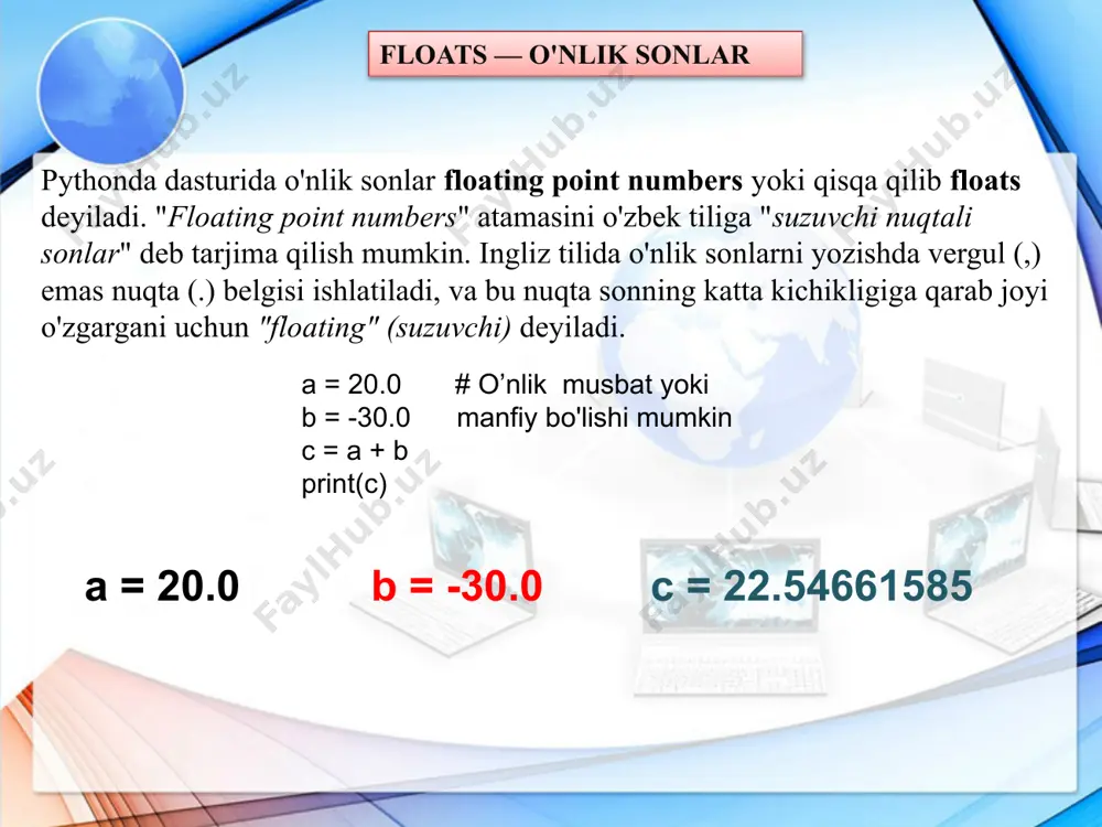ruvchiga biriktirilmasa ko’p qatorli izoh sifatida ishlatish mumkin: """ bu izoh ko'p qatorli izohidir """ print("dasturlashni o'rganamiz") type ma’lumot turini aniqlash ma’lumot turini aniqlash uchun type() funksiyasi ishlatiladi. hozirgi misolda x o’zgaruvchisining turini ekranga chiqaramiz: x = 5 print(type(x)) complex sonlar kompleks sonni yaratish uchun complex(a,b) funksiyasidan foydalanish mumkin. bunda a - argument sifatida haqiqiy qism, b – argument sifatida, mavhum qismuzatiladi. shuningdek, sonni a+bj ko‘rinishida ifodalanadi. a=float(input('kompleks sonning haqiqiy qismini kiriting:')); b=float(input('kompleks sonning mavhum qismini kiriting:')); x=complex(a,b); print(x); ikkita kompleks sonlarning haqiqiy va mavhum qismlari berilgan. ushbu kompleks sonlarning yig‘indisini ekranga chiqaruvchi dastur tuzing. a=float(input('1-kompleks sonning haqiqiy qismini kiriting = ')); b=float(input('1-kompleks sonning mavhum qismini kiriting = ')); x=float(input('2-kompleks sonning haqiqiy qismini kiriting = ')); y=float(input('2-kompleks sonning mavhum qismini kiriting = ')); kompleks1=complex(a,b); kompleks2=complex(x,y); s=kompleks1+kompleks2; print("kompleks sonlarning yig'indisi=",s) e’tiboringiz uchun tashakkur image3.png image4.jpeg image5.jpeg image6.png image7.png image8.png image9.jpeg image10.jpeg image11.jpeg image12.png image13.png image14.jpeg image15.png image1.jpeg image2.jpeg