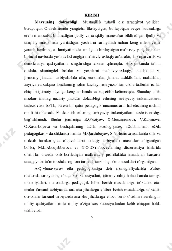 salalari o‘rganilgan bo‘lsa, m.l.abdujabborova va n.o‘.o‘rinboyevlarning dissertatsiya ishlarida o‘smirlar orasida olib boriladigan mafkuraviy profillaktika masalalari barqaror taraqqiyotni ta’minlashda sog‘lom turmush tarzining o‘rni masalalari o‘rganilgan. a.q.munavvarov oila pedagogikasiga doir monografiyalarida o‘zbek oilalarida tarbiyaning o‘ziga xos xususiyatlari, ijtimoiy-ruhiy holati hamda tarbiya imkoniyatlari, ota-onalarga pedagogik bilim berish masalalariga to‘xtalib, ota- onalar farzand tarbiyasida ana shu jihatlarga e’tibor berish masalalariga to‘xtalib, ota-onalar farzand tarbiyasida ana shu jihatlariga etibor berib o‘tishlari kerakligini milliy qadriyatlar hamda milliy o‘ziga xos xususiyatlardan kelib chiqqan holda tahlil etadi. 5 yoshlarni oilaviy hayotga tayyorlashda, oila mustahkamligini ta’minlashda ularning ota-onalari saviyasi, turmush tarzi, xarakter xususiyatlari va nihoyat, kasb faoliyatlariga e’tibor berish maqsadga muvofiqdir, deydi olim va barcha oilaviy ishlarni bajarishda teng huquqlilik yo‘nalishi ko‘proq namoyon bo‘layotganini ta’kidlaydi. olim kam yoki ko‘p bolali oilalarda bola tarbiyasi maktab, oila hamkorligi, ota-onalarga pedagogik bilim berish, tarbiyada milliy urf-odatlarimiz hamda an’analarimizga tayanish muammolariga, oila va maktabda o‘quvchilarning ilmiy dunyoqarashini shakllantirish, ijtimoiy faolliklarini ta’minlashga bog‘liq ekaniga …