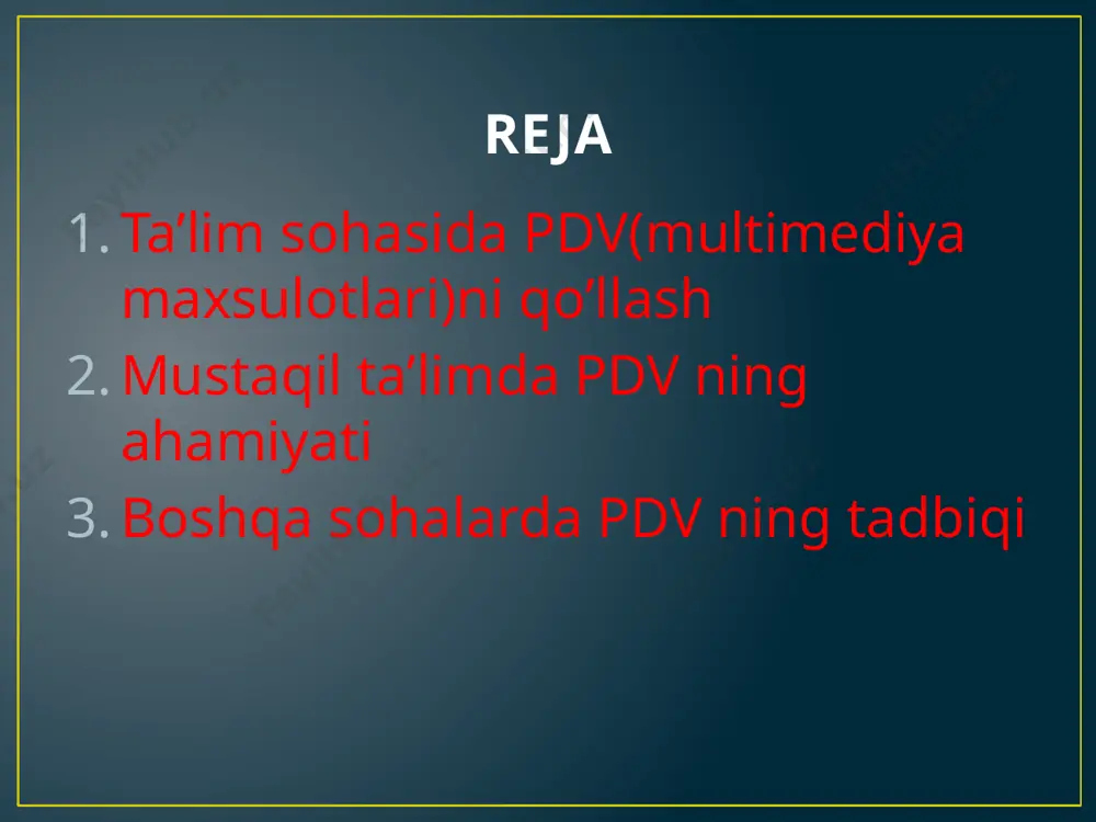 i: eng oddiy elektromagnit qurilmasini yig‘ish va uning ishlashini sinab ko‘rish. 6- laboratoriya ishi: o‘zgarmas tok elektr dvigatelini o‘rganish. 7- laboratoriya ishi: transformatorning tuzilishini va ishlashini o‘rganish. 8- laboratoriya ishi: yarim o‘tkazgichli diod yordamida tokni to‘g‘rilash. 9-sinf 1- laboratoriya ishi: suyuqlikning sirt tarangligini aniqlash. 2- laboratoriya ishi: qattiq jismlarning solishtirma issiqlik sig‘imini aniqlash. 3- laboratoriya ishi: turli temperaturali suvlarni aralashtirganda issiqlik miqdorini taqqoslash. 4- laboratoriya ishi: shishaning nur sindirish ko‘rsatgichini aniqlash. 5- laboratoriya ishi: yorug‘lik dispersiyasini o‘rganish. 6- laboratoriya ishi: linza yordamida tasvir hosil qilish 7- laboratoriya ishi: fotoelementlar yordamida fototokning hosil bo‘lishini kuzatish. multimediani ta'limda qo‘llashning asosiy afzalliklari. talab darajasida to‘g‘ri ishlab chiqilgan multimedia materiallari matnli axborotga qaraganda birmuncha ilg‘or usul bo‘lib, o‘quvchilarda aniq va samarali mental model (tasavvur) shakllanishiga yordam beradi. o‘tkazilgan kompleks tadqiqot natijalariga ko‘ra (shephard – shepard) to‘g‘ri ishlab chiqilgan multimedia materiallarining afzalliklari quyidagilardan iborat: 1. muqobil istiqbollar 2. faol ishtirok 3. tezkor ta'lim olish 4. …