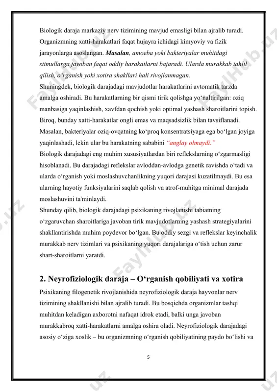 masalan, xavfli vaziyatlarga duch kelganda hayvonlarda qo‘rquv reaksiyasi paydo bo‘ladi, bu esa ularni xavfdan qochishga majbur qiladi. neyrofiziologik darajadagi hayvonlar xatti-harakatlari faqat instinktiv bo‘lib qolmay, balki o‘rganish va tajriba orqali shakllanadi. bu esa ularga yashash sharoitlariga moslashishda ko‘proq imkoniyatlar yaratadi. ushbu bosqichda murakkab nerv tizimiga ega bo‘lgan organizmlar (masalan, baliqlar, amfibiyalar, sudraluvchilar) o‘zining rivojlangan xatti-harakatlari bilan ajralib turadi. neyrofiziologik daraja psixikaning keyingi rivojlanish bosqichlari uchun asos bo‘lib xizmat qiladi. o‘rganish qobiliyati va xotiraning rivojlanishi hayvonlarga murakkab vazifalarni hal qilish, muhitga moslashish va ijtimoiy munosabatlarni shakllantirish imkonini berdi. bu jarayon hayvonlar psixikasining evolyutsiyasi uchun muhim poydevor bo‘ldi. 3. sezgilar va his-tuyg‘ular darajasi psixikaning sezgilar va his-tuyg‘ular darajasi organizmlarning tashqi muhit bilan o‘zaro ta’sirida yanada rivojlangan shaklni ifodalaydi. ushbu bosqichda tirik mavjudotlar nafaqat atrof-muhitdan keladigan signallarni qabul qiladi, balki ularga nisbatan individual hissiy munosabat ham shakllanadi. bu daraja ko‘proq yuqori rivojlangan nerv tizimiga ega bo‘lgan hayvonlarga xosdir. sezgilar tashqi muhitni idrok qilishning …