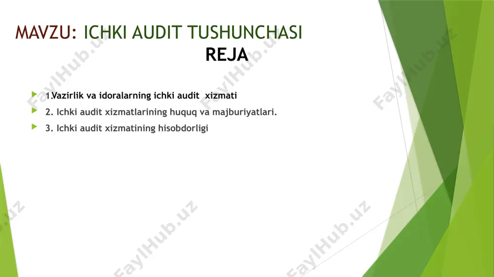 chki audit obyektining barcha binolariga, shuningdek, elektron va qog‘oz arxivlari hamda dasturiy majmualariga kirish va ulardan foydalanish; ichki audit xizmatining hisobdorligi ichki audit xizmati vazirlik va idoralarning bevosita birinchi rahbarlariga hisobdordir. vazirlik va idoralar tomonidan moliya vazirligiga ichki audit xizmati faoliyati natijalari yuzasidan hisobot choragidan keyingi oyning 20-sanasigacha choraklik hisobot hamda hisobot yilidan keyingi yilning 25-yanvariga qadar yillik hisobot taqdim etiladi. ichki audit faoliyatiga oid normativ-huquqiy hujjatlar talablariga rioya etish, o‘z vakolat doirasidan chetga chiqmaslik; ichki audit tadbirlarini xolis, subyektiv fikrlarning ta’sir qilishiga yo‘l qo‘ymagan holda amalga oshirish; ichki audit xizmati xodimlari tomonidan ichki audit xizmati obro‘siga putur yetkazishi mumkin bo‘lgan harakatlarni amalga oshirmasdan hamda odob-axloq qoidalariga rioya etgan holda ichki audit tadbirlari o‘tkazilishini ta’minlash; aniqlangan budjet to‘g‘risidagi qonunchilik hujjatlarining buzilish holatlari, moliyaviy xato va kamchiliklar, maqsadsiz va noqonuniy xarajatlar, pul mablag‘lari va tovar-moddiy boyliklar kamomadi yuzasidan to‘g‘ridan to‘g‘ri vazirlik va idoralarning birinchi rahbariga xabar berish; jinoyat alomatlari, korrupsiyaga doir …