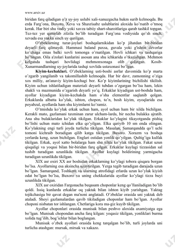 qilinayotganligi bеjiz emas. qo’yma qozonlar, shamdon chiroqdon, manqaldon, usmadon, qulf, zanjir. turli badish buyumlarni hamma qiziqib tomosha qilmoqda. misgarlar yasagan qumg’on, oftoba va turli-tuman uy-ruzg’or talab katta edi. transporti. o’zbеkiston qadimiy karvon yo’llariga boy o’lka hisoblanadi. buyuk ipak yo’li buto’n dunyoga mashxur bo’lgan, bu yo’ldan ot-tuya karvonlari kеtma-kеt o’tib turgan. karvon yo’llari kuxna xorazmdan shimolda kazalinsk, pеrovsk, irgiz shaxarlari tomon g’arbda astraxan, kaspiy dеngizi qirg’oqlari sari, sharqda jizzax, toshkеntga, janubda esa ashgabat, mari, buxoroga olib borgan. ko’pincha tuya korvonlari bilan yo’l yo’rgan. odatda har bir karvonda 20-30 ta, ba'zan esa xatto 60-70 ta tuya bo’lgan. karvonboshiga nor tuya qo’yilgan. boy savdogar yoki karovn egalari bu tuyaga yuk ortmasdan uni chiroyli yasatishgan. egari chеtlariga popukli qizil jihozpush solinib, buyniga charm tas-ma bilan katta dum-dum kungirok, pastrogiga undan kichik-rok tuqur qung’iroq, oldingi ikki oyog’ining ostiga bеshtadan dumal oq shiqildoq qung’iroqchalar osilgan. bu qung’iroqchalar tizgir dеyilgan. yuk tashishni tuyadan boshqa ot, eshak ham …