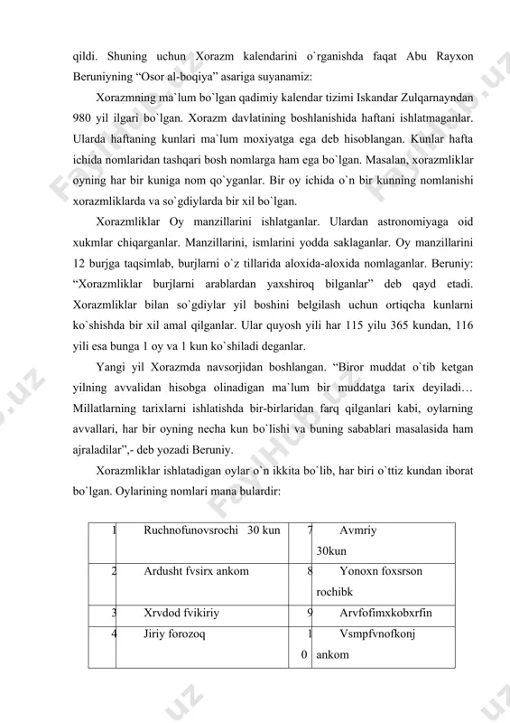 yо`k qilib yо`qolib ketdi. faqat yodda saqlanganlarinigina beruniy tiklash sohasida xizmat qildi. shuning uchun xorazm kalendarini о`rganishda faqat abu rayxon beruniyning “osor al-boqiya” asariga suyanamiz: xorazmning ma`lum bо`lgan qadimiy kalendar tizimi iskandar zulqarnayndan 980 yil ilgari bо`lgan. xorazm davlatining boshlanishida haftani ishlatmaganlar. ularda haftaning kunlari ma`lum moxiyatga ega deb hisoblangan. kunlar hafta ichida nomlaridan tashqari bosh nomlarga ham ega bо`lgan. masalan, xorazmliklar oyning har bir kuniga nom qo`yganlar. bir oy ichida о`n bir kunning nomlanishi xorazmliklarda va sо`gdiylarda bir xil bо`lgan. xorazmliklar oy manzillarini ishlatganlar. ulardan astronomiyaga oid xukmlar chiqarganlar. manzillarini, ismlarini yodda saklaganlar. oy manzillarini 12 burjga taqsimlab, burjlarni о`z tillarida aloxida-aloxida nomlaganlar. beruniy: “xorazmliklar burjlarni arablardan yaxshiroq bilganlar” deb qayd etadi. xorazmliklar bilan sо`gdiylar yil boshini belgilash uchun ortiqcha kunlarni kо`shishda bir xil amal qilganlar. ular quyosh yili har 115 yilu 365 kundan, 116 yili esa bunga 1 oy va 1 kun kо`shiladi deganlar. yangi yil xorazmda navsorjidan …