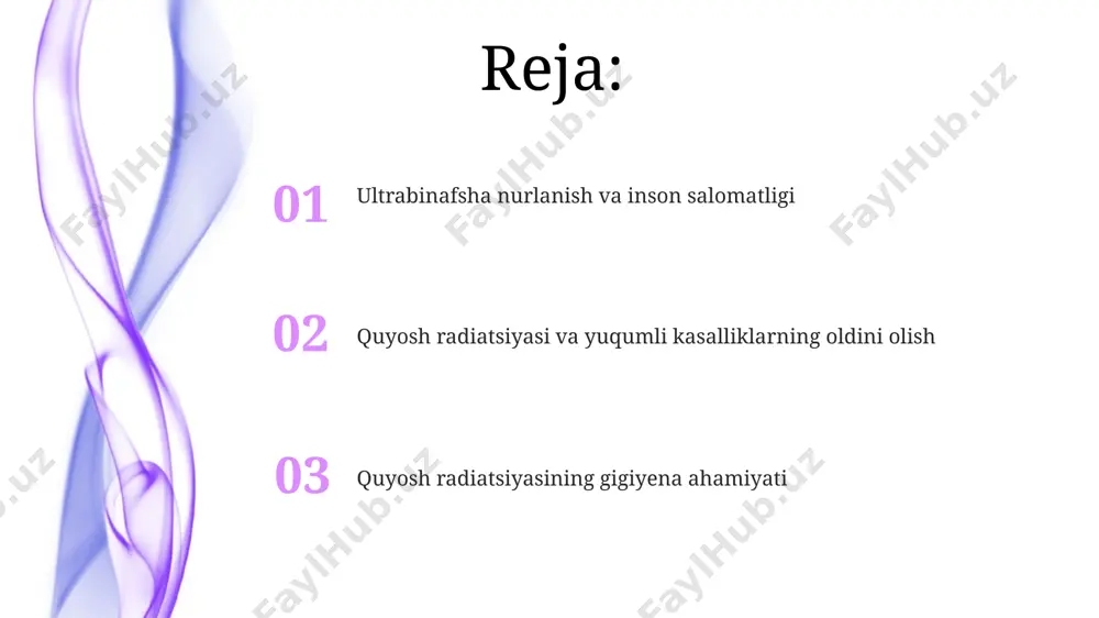 iga 100 000 dan ortiq holatlar qayd etiladi. quyosh nuriga haddan tashqari ta'sir qilishning salbiy oqibatlari kunning eng issiq soatlarida, soat 10:00 dan 16:00 gacha quyoshda ko'p vaqt o'tkazish, terining kuyishiga olib keladi, bu esa keyinchalik terining pigmentatsiyasini buzishi va 15-20% holda keloid chandiqlarining paydo bo'lishiga sabab bo'lishi mumkin. quyosh nurlarining haddan tashqari ta'siri 20-30% gacha terining erta qarishini va 50 yoshdan keyin teri saratoni xavfini 2 barobar oshirishini ko'rsatadi. bu, ayniqsa, avstraliya va braziliya kabi yuqori ultrabinafsha nurlanishli hududlarda aniqroq kuzatiladi. quyosh radiatsiyasining gigiyena ahamiyati quyosh radiatsiyasi teridagi 90% gacha bakteriyalarni o'ldiradi, shuning uchun quyoshda 15-20 daqiqa bo'lish toshkent kabi shaharlarda teri infektsiyalarining oldini olishga yordam beradi. uv-b nurlanishining optimal dozalari d vitamini sintezini rag'batlantiradi, bu esa immunitet tizimini mustahkamlaydi va 70% gacha yuqumli kasalliklar xavfini kamaytiradi, masalan, gripp kabi. quyosh kuyishi va uning oldini olish quyosh kuyishidan keyin terini sovutish uchun salqin suv bilan 15-20 daqiqa davomida yuvish …