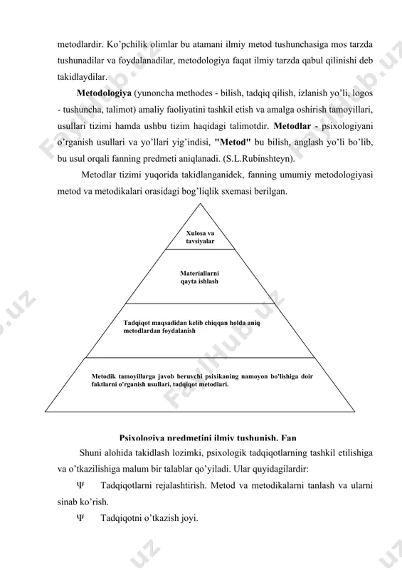pleks metodlari kiradi; b) emperik guruhga kuzatish, eksperiment, suhbat, so’rovnoma, test, faoliyat mahsulini o’rganish metodi, biografiya, sosiometriya; v) natijalarni qayta ishlash yoki statistik metodlar; g) sharhlash guruhiga genetik va donalash metodlari kiradi. b.g.ananev tomonidan ajratilgan klassifikasiyaga ko’ra, tadqiqot ishlarida foydalaniladigan asosiy metodlar emperik guruh metodlari hisoblanadi. shunday bo’lsada boshqa guruh metodlariga ham qisqacha to’xtalib o’tamiz. tadqiqot metodlarining birinchi tashkiliy guruhi o’z ichiga qiyoslash, longityud (uzluksiz), kompleks (ko’pyoqlama) deb ataladigan turlarni qamrab oladi. qiyoslash metodidan umumiy psixologiya, ijtimoiy psixologiyada katta yoki kichik guruhlarni hamda ularning har xil toifalarini o’zaro taqqoslash uchun, medisina psixologiyasida – sog’lom va bemor kishilarning psixik xususiyatlarini qiyoslash maqsadida, sport psixologiyasida sportchilarning holati, o’quvliligini va ishchanligini o’zaro taqqoslash maqsadida foydalaniladi. qiyoslash metodi turli yoshdagi odamlarning bilish jarayonlari shaxs xususiyatlari, bilimlarni o’zlashtirish, aqliy qobiliyati, salohiyati, rivojlanish dinamikasi, jinslarning tafovutlari va o’ziga xosligini o’rganishda qo’llaniladi. psixologlardan l.s.vigotskiy, p.p.blonskiy, a.a.smirnov, b.g.ananev, d.b.elkonin, p.galperin va ularning shogirdlari olib borgan tadqiqotlar (chaqaloqlik, go’daklik, …