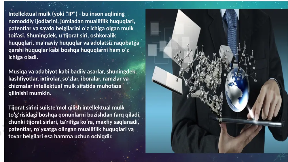 amal qilishi qonunlarda belgilangan muddatlar bilan chegaralangan boʻladi; d) qonunlarda belgilangan muddatlar utishi bilan intellektual mulk huquqi egasining maʼlum intellektual mulk obyektiga nisbatan huquqlari bekor boʻladi va u umuminsoniy boylikka aylanib, har kim undan maʼlum shartlar asosida (muallifining shaxsiy huquqlariga rioya qilgan holda) tekin va ruxsatsiz foydalanishga haqli boʻladi; ye) intellektual mulk huquqi obyektlariga nisbatan mulk huquqini himoya qilishda vindikatsiya daʼvosini qoʻllab (fk, 228-modda) boʻlmaydi; yo) intellektual mulk huquqi obyektlariga nisbatan odatdagi mulk huquqiy emas, balki mutlaq huquqlar haqidagi qoidalar qoʻllanadi oʻzbekiston respublikasi prezidenti shavkat mirziyoyev 12-oktyabr kuni intellektual mulk obyektlarini muhofaza qilish tizimini takomillashtirish chora-tadbirlari yuzasidan yigʻilish oʻtkazdi.ilm-fan va innovatsiyani rivojlantirish, bu sohadagi yutuqlarni yuqori qoʻshilgan qiymatli mahsulotga aylantirishda intellektual mulkning ishonchli himoyasini taʼminlash juda muhim. dunyoda tovarlarning brend qiymati yuqori hisoblanadi. intellektual mulk yevropada yalpi ichki mahsulotning 45 foizini, xitoyda 12, rossiyada 7 foizni tashkil etadi. afsuski, mamlakatimiz bu borada dunyo bozoridan uzoqlashib ketdi. na tegishli idoralar va …