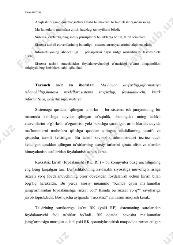 z” atamasini aniqlash kerak. ta`sirining xarakteriga ko`ra rk (yoki rf) sistemaning xatolaridan foydalanuvchi faol ta`sirlar bo`ladi. rk odatda, bevosita ma`lumotlar jamg`armasiga murojaat qiladi yoki rk qonuniylashtirish maqsadida ruxsat etilgan kirish to`g`risidagi informatsiyaga ta`sir etadi. tarmoqning har qanday obyekti rkga yo`liqishi mumkin. har qanday obyektga rk standart yoki maxsus programma vositalari orqali amalga oshirilishi mumkin. rk amalga oshirishi ma`lum ma`noda kompyuter tarmog`ini tashkil etish, undagi xavfsizlik siyosati, o`rnatilgan himoya vositalarining imkoniyatlari, shuningdek, administrator va operatorning vijdoniga bog`liq. rkni amalga oshirishning 2 ta usuli mavjud: birinchidan, himoya sistemasini chuqur o`rganib barbod etish, ya`ni unga turli ta`sirlar ko`rsatib uning ish jarayonini to`xtatish. bu juda murakkab va qiyin, hamma vaqt ham amalga oshavermaydigan, biroq samarali ishdir; ikkinchidan, nima e`tibordan chetda ekanligini kuzatish, ya`ni buzg`unchiga kerakli qaysi ma`lumotlar jamg`armasi foydalanishga ochiq yoki administrator e`tiboridan chetda ekanini aniqlash. buni ham rk deb atash mumkin va amalga oshirish oson, lekin bu ishlar ma`lum bo`lib qoladigan bo`lsa, himoyalanish …