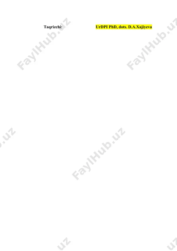sollar keltirilsa, ishning dolzarbligi yanada kuchayadi. umuman olganda, kurs ishi yaxshi tuzilgan va mavzu to‘liq yoritilgan. yozish jarayonida bunday tarixiy va madaniy tahlil yanada boyitilishi mumkin. xullas, talaba mavzuning dolzarbligini ko�rsata olgan. mazkur kurs ishini himoyaga tavsiya etaman. taqrizchi: urdpi phd, dots. d.a.xajiyeva