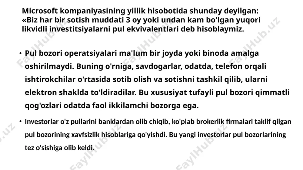 nk kreditlari narxining oshishi tufayli tijorat qog'ozidan foydalanish sezilarli darajada oshdi. 11.4-rasmda tijorat qog'ozi bo'yicha foiz stavkasi 1990 yilning yanvaridan 2016 yil aprelgacha bo'lgan davrda bankning boshlang'ich stavkasiga nisbatan ko'rsatilgan. tijorat qog'ozi, avvalo, uning arzonligi tufayli bank ssudalariga muhim alternativaga aylandi. tijorat qog'ozlari bozori bank bo'lmagan korporatsiyalar o'z mijozlariga beriladigan kreditlarni moliyalashtirish uchun tijorat qog'ozidan keng foydalanadilar. misol uchun, general motors acceptance corporation (gmac) tijorat qog'ozini chiqarish orqali qarz oladi va pulni iste'molchilarga kredit berish uchun ishlatadi. xuddi shunday, ge capital va chrysler credit tijorat qog'ozidan iste'molchilarga berilgan kreditlarni moliyalashtirish uchun foydalanadi. tijorat qog'ozini chiqaradigan firmalarning umumiy soni foiz stavkalari darajasiga qarab 600 dan 800 gacha o'zgarib turadi. ushbu firmalarning aksariyati xaridor va sotuvchilarga mos keladigan 30 ga yaqin tijorat qog'oz sotuvchilaridan birini ishlatadi. nyu -yorkdagi yirik pul markazlari banklari bu bozorda juda faol. ba'zi yirik tijorat qog'ozlari emitentlari o'z qimmatli qog'ozlarini to'g'ridan-to'g'ri joylashtirish orqali tarqatishni tanlaydilar. to'g'ridan -to'g'ri joylashtirishda …