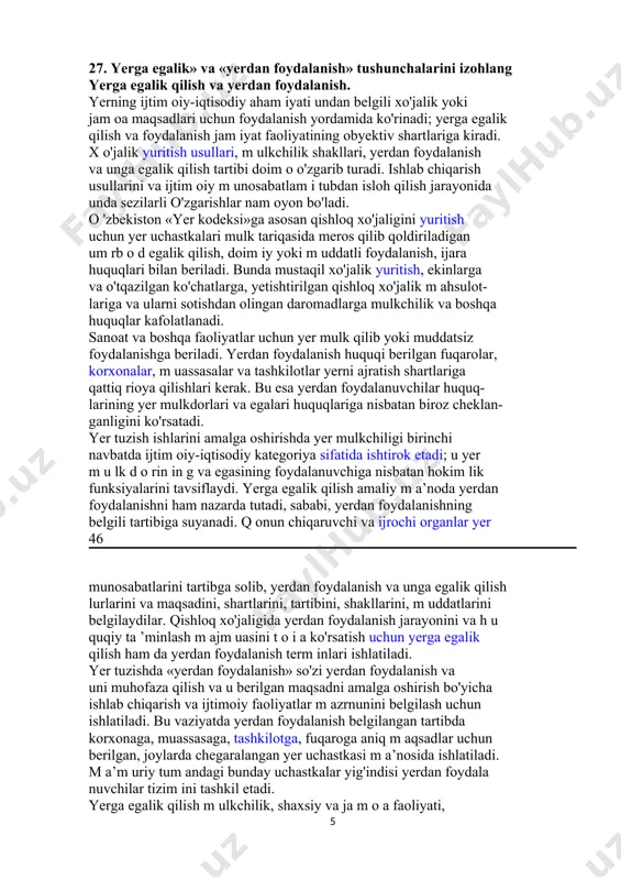 asosan qishloq xo'jaligini yuritish uchun yer uchastkalari mulk tariqasida meros qilib qoldiriladigan um rb o d egalik qilish, doim iy yoki m uddatli foydalanish, ijara huquqlari bilan beriladi. bunda mustaqil xo'jalik yuritish, ekinlarga va o'tqazilgan ko'chatlarga, yetishtirilgan qishloq xo'jalik m ahsulot- lariga va ularni sotishdan olingan daromadlarga mulkchilik va boshqa huquqlar kafolatlanadi. sanoat va boshqa faoliyatlar uchun yer mulk qilib yoki muddatsiz foydalanishga beriladi. yerdan foydalanish huquqi berilgan fuqarolar, korxonalar, m uassasalar va tashkilotlar yerni ajratish shartlariga qattiq rioya qilishlari kerak. bu esa yerdan foydalanuvchilar huquq- larining yer mulkdorlari va egalari huquqlariga nisbatan biroz cheklan- ganligini ko'rsatadi. yer tuzish ishlarini amalga oshirishda yer mulkchiligi birinchi navbatda ijtim oiy-iqtisodiy kategoriya sifatida ishtirok etadi; u yer m u lk d o rin in g va egasining foydalanuvchiga nisbatan hokim lik funksiyalarini tavsiflaydi. yerga egalik qilish amaliy m a’noda yerdan foydalanishni ham nazarda tutadi, sababi, yerdan foydalanishning belgili tartibiga suyanadi. q onun chiqaruvchi …