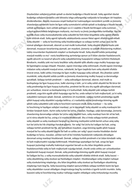 ar va davlat budjeti o‘rtasidagi iqtisodiy-huquqiy munosabatlarda namoyon bo‘ladi. soliq nazariyasida soliqqa oid munosabatlarni to‘liq va teranroq ifoda etish uchun iqtisodiy voqeliklarni har bir kichik guruhlari muayyan nomdagi iboralar bilan izohlanadi. soliq elementlari ham xuddi shunday soliqqa oid iqtisodiy hodisalarni izohlashga xizmat qiluvchi yaxlit tushunchadir. soliq elementlari tushunchasi soliqqa tortish tizimining muhim tarkibiy qismi bo‘lib, uning o‘zi ham kichik tizimni tashkil etadi, ya’ni soliq elementlari ham bir necha iqtisodiy kategoriyalarni yaxlit holdagi harakatini bildiradi. soliq elementlari bir nechta tushunchalardan iborat bo‘lib, ular tarkiban: soliq subyekti, soliq obyekti, soliq predmeti, soliq manbayi, soliqqa tortish birligi, soliq stavkasi, soliq imtiyozlari, soliq normasi, soliqni to‘lash muddatlari, soliq yuki, soliq bazasini hisoblash usullari, soliqqa tortish usullari kabi tushunchalarni qamrab oladi. quyida soliq elementlarining har biriga qisqacha to‘xtalib o‘tamiz. soliq subyekti — soliq to‘lash majburiyati yuklangan yuridik va jismoniy shaxslar yoki boshqacha qilib aytganda soliq subyekti — bu soliqqa oid munosabatlarni tashkil etuvchi tomonlarning o‘zaro …