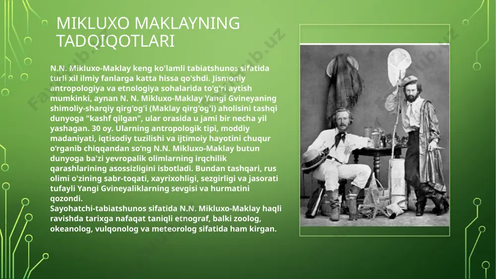 qiziqib qolgan, 1866-yilda “ekologiya” atamasini asos solgan mashhur olim ernst gekkel (1834-1919) bilan kanar orollariga ekspeditsiyasi paytida. ekspeditsiya davomida n.mikluxo-maklay dengiz jonzotlarini ular yashaydigan muhitni o‘rganmasdan turib o‘rganish mumkin emasligini tushundi. jahon okeanini tadqiq qilish 1869 yilda n. mikluxo-maklay o'zining ilmiy izlanishlarini boshladi. u gubkalarni o'rganish uchun qizil dengizga keldi va keyin qizil dengiz, o'rta er dengizi va hind okeanidagi fauna o'rtasidagi tub farqni payqadi. n.miklouho-maclay bu hodisani qizil dengiz yuzasi va tubidagi suv haroratining yuqori darajada oshishi bilan izohladi. [3] darhaqiqat, qizil dengiz tubidagi suvning harorati 2604 metr chuqurlikda taxminan 21,5 ° c, o'rta er dengizida esa xuddi shu chuqurlikda suv harorati atigi 13-14 ° s, va atrofdagi hududlarda. jahon okeanini tadqiq qilish hind okeanida atigi 3°c. [4] mashhur rus olimi va dengiz floti zobiti n.n.zubov taʼkidlaganidek, mikluxo-maklayning gipotezasi “faqat suv harorati va uning oʻzgarishi, uning zichligi va konsistensiyasi, dengiz oqimlarini aniq oʻlchash orqali, boshqa dengiz jonzotlari bilan qo'shnilik …