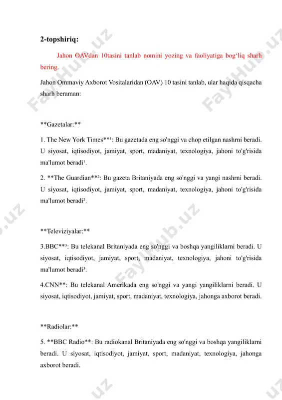 a qilish, rasmlar va video lavhalar tarqatish, yangiliklarni o'qish va boshqa ma'lumotlarni tarqatadi. 10. **twitter**: bu sotsial tarmoq foydalanuvchilariga yangiliklarni tez va oson ulash, shaxsiy tarkibni ifodalash, mashhur shaxslar va tashkilotlar bilan aloqa qilish imkonini beradi. 3-topshiriq: o‘zingiz yashab turgan hudud (qishloq, tuman, shahar yoki mahalla)ingiz yangiliklari, faoliyatiga oid axborot matnini yozing va pdf shaklda joylang. marhamat tumani haqida quyidagi ma'lumotlarni topdim: - marhamat tumani **andijon viloyatidagi tuman**¹. - tuman 1926-yil 29-sentabrda tashkil etilgan¹. - tumaning maydoni **0,32 ming km²**, aholisi esa **175,7 ming nafar kishi** (2020 yil ma'lumotlari)¹. - marhamat tumani shimolda viloyatning asaka, buloqboshi tumanlari, sharq va janubda qirgʻiziston respublikasi oʻsh viloyatining aravon tumani, gʻarbda fargʻona viloyatining quva tumani bilan chegaradosh¹. - tumanda 1 shahar (marhamat), 1 shaharcha (polvontosh), 5 qishloq fuqarolari yigʻini (marhamat, qorabogʻish, shukurmergan, qoraqoʻrgʻon, koʻtarma) bor¹. - tuman yerlari jan. fargʻona kanali va aravonsoydan sugʻoriladi¹. - marhamat tumani ip yigiruv va toʻquv f-kasi, elektrotexnika, non, …