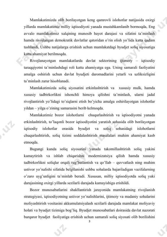 iq tizimi vositasida iqtisodiyotni tartibga solishning asosiy yo’llaridan biri bu soliqlarning fiskallgini oshirish emas, balki soliq to’lovchilar sonini ko’paytirishga va ularning erkin daromad olishlariga imkoniyat yaratishdir. shunga qaramasdan amaldagi soliq tizimini mamlakatimizning ijtimoiy – iqtisodiy rivojlanishidan kelib chiqib takomillashtirish va soliqlarning davlat byudjeti daromadlarini shakllantirishdagi ahamiyatini oshirish ayni paytda dolzarbdir. byudjet – soliq siyosatining mazmuni ва vazifalar o’zbekiston respublikasi o’tkazilayotgan keng qamrovli iqtisodiy islohatlar jarayonida soliq tizimini modernizatsiya qilish asosiy ustivor vazifalardan biri hisoblanadi . davlat byudjeti daromadlariga jalb qilinadigan mablag’larning uzluksiz tushib turushini ta’minlashda hamda soliq su’byektlariga nisbatan qulay soliq muhitini yaratish soliq mexanizmi alohida ahamiyat kasb etadi . soliq mexanizmi davlat tomonidan soliq munosabatlarini tashkil etish uchun qo’llaniladigan soliqqa tortish jarayonining elementlari va ularni boshqarishning yig’indisini ifodalaydi. ya’ni soliq mexanizmi soliq munosabatlarini tashkil qilish usullari yig’indisi bo’lib , iqtisodiy va ijtimoiy rivojlanishda qulay sharoitlar yaratish maqsadida davlat tomonidan ishlab chiqiladi. davlat byudjeti davlatning yirik markazlashgan pul fondi bo’lib …