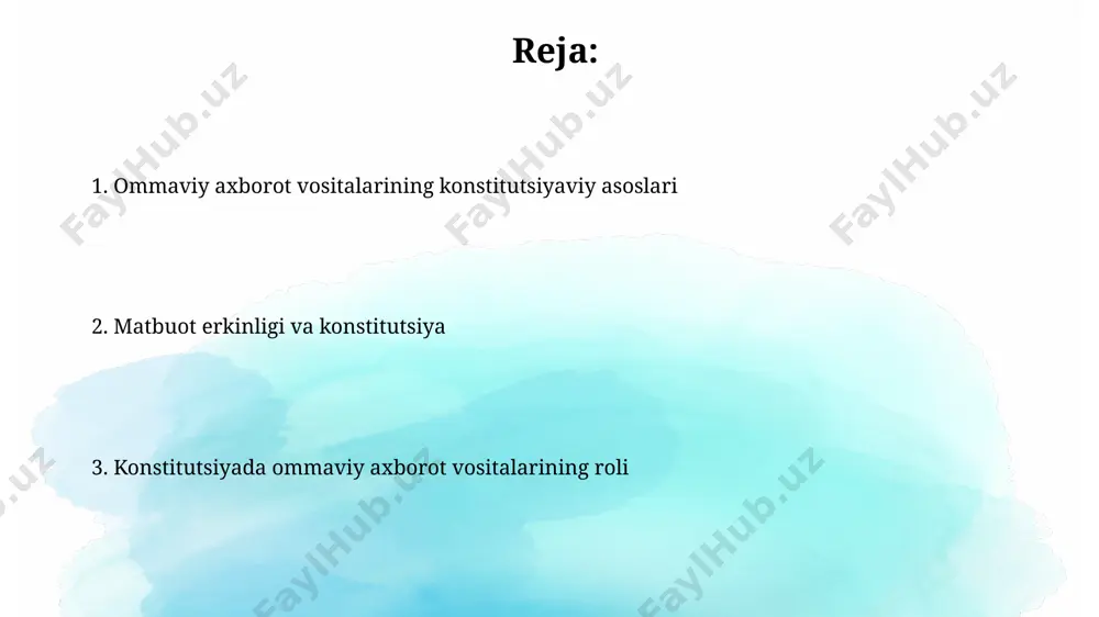 iq davlat organlari o'rtasida axborot xavfsizligi va milliy manfaatlarni himoya qilish bo'yicha muvofiqlashtirilgan faoliyat zarur bo'lib, bu konstitutsiyaviy huquqlar bilan muvozanatlashishi kerak. konstitutsiyaning 25-moddasi ommaviy axborot vositalarining senzurasiz ishlashi tamoyilini belgilaydi, lekin internet va ijtimoiy tarmoqlar uchun bu tamoyilning qo'llanilishi texnologik jihatlar va 140 dan ortiq qonun hujjatlari bilan tartibga solinadi. ommaviy axborot vositalarining huquqiy javobgarligi va konstitutsiya oavning konstitutsiyaviy kafolatlangan erkinligi, 29-modda bilan belgilanganidek, uning jamoatchilikka ma'lumot yetkazish vazifasi bilan birga, huquqiy javobgarlikni ham o'z ichiga oladi, chunki yolg'on ma'lumotlar tarqalishiga yo'l qo'ymaslik kerak. oavning huquqiy javobgarligi, difamatsiya, haqorat yoki davlat sirlarini oshkor qilish kabi jinoyatlar uchun 5-bobda belgilangan jazo choralari orqali aniqlanadi, bu konstitutsiyaga zid harakatlar uchun javobgarlikni ta'minlaydi. radio va televideniye faoliyatining konstitutsiyaviy jihatlari o‘zbekiston respublikasi konstitutsiyasining 26-moddasi ommaviy axborot vositalarining erkinligi va senzuraga yo‘l qo‘ymaslikni kafolatlaydi, bu radio va televideniye faoliyatining asosiy konstitutsiyaviy tamoyilidir. davlat tomonidan radio va televideniye kanallarining litsenziyalanishi konstitutsiyaning 26-moddasida belgilangan erkinlik chegaralarini …