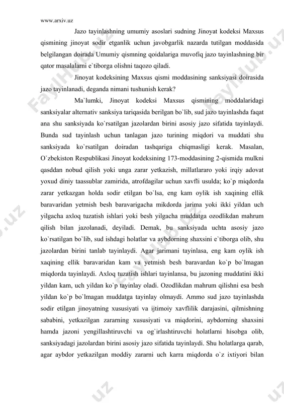 rga erishilmaydi” [127],-deb m.d.shargarodskiy juda to`g`ri takidlaydi. demak sud jinoyat uchun jazo tayinlaganda, eng avvalo, shu jazoning subyekt aybining darajasiga mosligi va uning aybdorni tarbiyalashdagi samarasini o`ylashi kerak. ammo shuni ham esdan chiqarmaslik kerakki, jinoiy jazo qanchalik insonparvar bo`lmasin, aybdorga jismoniy azob berish yoki inson qadr-qimmatini kamsitish maqsadini ko`zlamaganligiga (o`zbekiston respublikasi jinoyat kodeksining 7-moddasi) qaramay, qo`rqitish xususiyati bo`lishi va, sodir qilgan jinoyatiga yarasha shaxsning moddiy, ma`naviy, huquqiy holatida muayyan keltirib chiqarishi kerak. aks holda jinoiy jazoning ijtimoiy kasb etmagan bo`lar edi. o`zbekiston respublikasi oliy sudining 1999 yil 14 mayda bo`lib o`tgan navbatdan tashqari plenumida oliy sud raisi u. k.mingboyev sudlar ko`p hollarda asossiz ravishda, ayniqsa, voyaga yetmaganlarga va ayollarga og`ir jazo choralarini qo`llayotganliklarini ta`kidlab; «jazo turini tanlashda sudyaga o`z nuqtai nazarini chuqur va har tomonlama asoslab berish majburiyatini yuklovchi qonun talablari ham ko`pincha buzilmoqda. aksariyat shu sababga ko`ra, asosiy jazo turi sifatida jarima, axloq tuzatish ishlari, qamoq kabi jazolar deyarli …