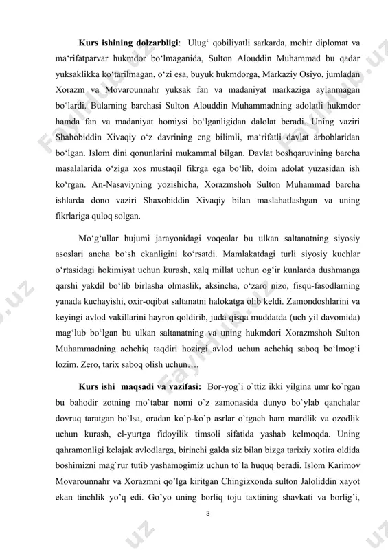 latida raiyat, ya‘ni oddiy aholining ijtimoiy turmush tarzi yashi bo‘lishi uchun hukmdorlar alohida ahamiyat berganlar. jumladan, xorazmshoh takash o‘z farmonlaridan birida raiyatga nisbatan adolatli bo‘lshga, dehqonlarning manfaatini himoyaga qilishga, soliqlarni olish jarayonida qonunlarga to‘liq rioya etishga amr qilgan. jaloliddin xorazmshoh ham urush natijasida qiyin ahvolga tushib qolgan aholini soliqlardan ozod etgan. kurs ishi tadqiqotining davriy chegarasi xorazm davlati qadimdan sun‘iy sug‘orishga asoslangan dehqonchilik, chorvachilik, xunarmandchilik rivojlangan xududlardan biri bo‘lgan. qadimgi davrlarda bu xududning rivojlanishining aosisy omillardan biri buyuk ipak yo‘lining bu xududdan o‘tganligi edi. kurs ishining ilmiy va uslubiy asoslari: xorazmshohlar davlatining ijtimoiy va iqtisodiy ahvoli xorazmshoxlar davlati markazi -gurganj yirik savdo va madaniy markazga aylangan. shuningdek, xazarasp, kat, xushmusan, darg‘on, savag‘on, mang‘ishloq, nuzkat kabi shaxarlari obod shaxarlar qatoriga kirgan kurs ishining tuzilishi : kurs ishi kirish, ikkita bob. 4 ta reja, xulosa va foydalanilgan adabiyotlar ro’yixtidan iborat.[footnoteref:1] [1: www.ziyonet.uz. ] i bob shaxobiddiun an-nasaviyning “sirat as sulton jaloliddin mankburni” …