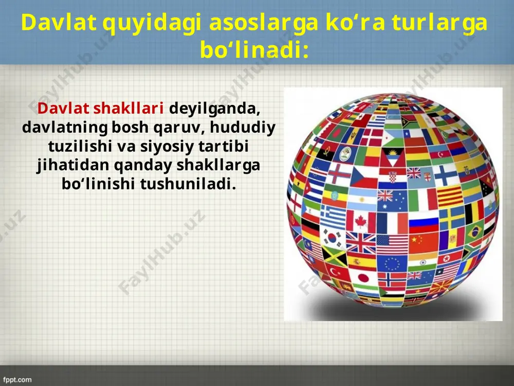 arini saylangan muddati davomida qabul qilishi; fuqarolarning davlat ishlarini boshqarishda ishtirok eta olishi. odil sudlovni amalga oshiruvchi idora bo‘lgan sudlar obro‘sining ortishi; 1. 2. 3. 4. 5. respublikalar prezidentlik respublikasi va parlamentar respublika turlariga bo‘linadi. prezidentlik respublikasida davlatni bevosita xalq saylaydigan va juda keng vakolatlarga ega bo‘lgan prezident boshqaradi. u ijro hokimiyatining bevosita boshqaruvchisi hisoblanadi. parlamentar respublikada davlat boshlig‘i – prezident saylanuvchi mansabdor shaxs bo‘lib, asosan, parlament tomonidan saylanadi. savol va topshiriqlar 1. davlatning turlarga bo‘linishida nimalar asos qilib olinadi? 2. boshqaruv shakli deganda nimani tushunasiz? (iboralarning lug‘aviy ma’nolariga e’tibor bering.) 3. “monarxiya” so‘zining lug‘aviy ma’nosi, bu atamaning mohiyatiga mos keladimi? 4. monarxiyaning asosiy belgilarini sanab bering. 5. “mutlaq monarxiya” va “cheklangan monarxiya” iboralarining farqlarini va umumiy tomonlarini sanab bering. 6. temu riylar davlatchiligida boshqaruv qanday asosda yo‘lga qo‘yilgan edi? 7. “respublika” so‘zining lug‘aviy ma’nosi bu atamaning mohiyatini qay darajada yoritib bera oladi?