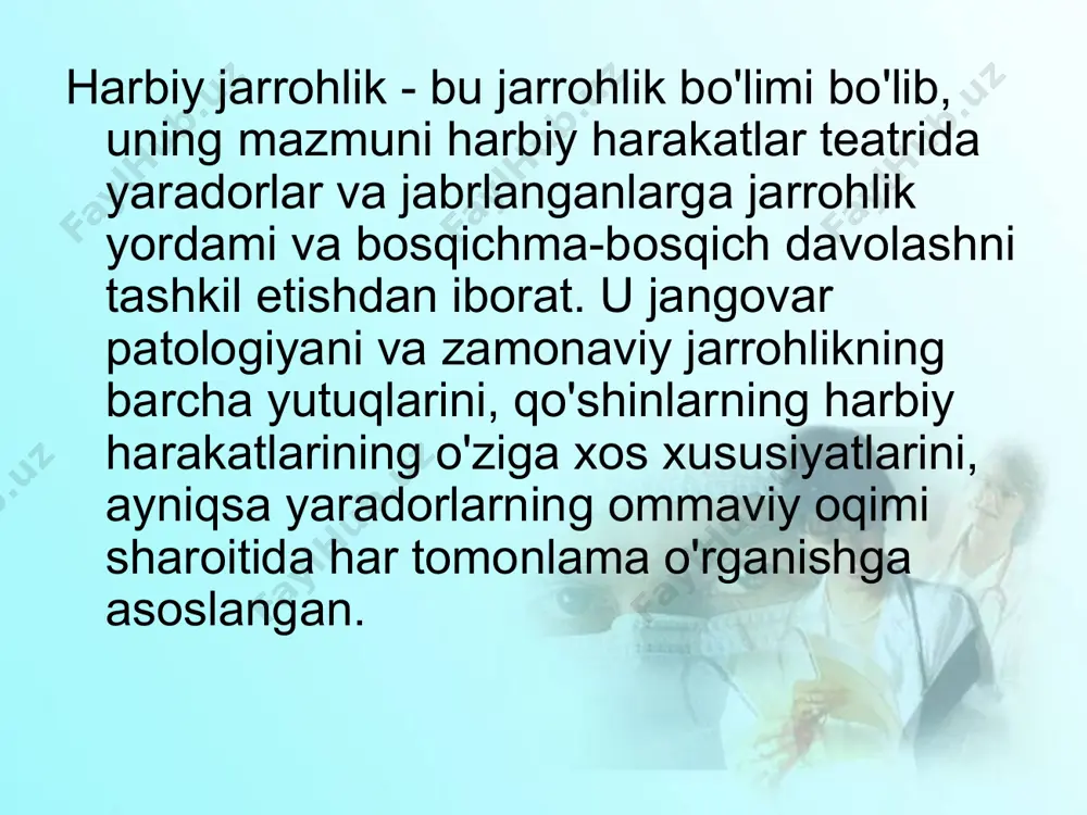 alining murakkab konturlarini shakllantirish; to'qimalarda begona jismlarning mavjudligi yaralar va yaralarning tasnifi barcha o'q otish jarohatlari quyidagilarga bo'linadi: yarador qurol turi bo'yicha - o'q va parchalanish yaralari, to'plardan yaralar va o'q shaklidagi elementlar. anatomik joylashuvi bo'yicha - bosh, bo'yin, ko'krak va boshqalar. to'qimalarning shikastlanishi turi bo'yicha - yumshoq to'qimalarning shikastlanishi, suyak, yirik tomirlar va nervlarning shikastlanishi va ichki organlarning shikastlanishi. yara kanalining tabiatiga ko'ra - orqali, ko'r, tangensial. bo'shliqlarga nisbatan - o'tadigan, kirmaydigan. yaradorlarga to'g'ri keladigan jarohatlar soni bo'yicha - bitta va ko'p. ichki ballistika tashqi ballistika terminal ballistikasi yara ballistikasi - o'qdan jarohatlar mexanizmini o'rganadigan fan. o'q jarohatlari shok to'lqini yarador snaryad - og'ish - salto - presessiya - oziqlanish vaqtinchalik pulsatsiyalanuvchi bo'shliq uyg'onish girdobining ta'siri vaqtinchalik deyiladi, chunki uning devorlari tezda yopiladi, keyin ochiladi, bir so'z bilan aytganda, tebranish harakatlarini bajaradi. ushbu harakatlar jarohat kanalidan tashqarida joylashgan to'qimalarni o'z ichiga oladi. ijobiy va manfiy bosim va vaqtinchalik bo'shliqning …