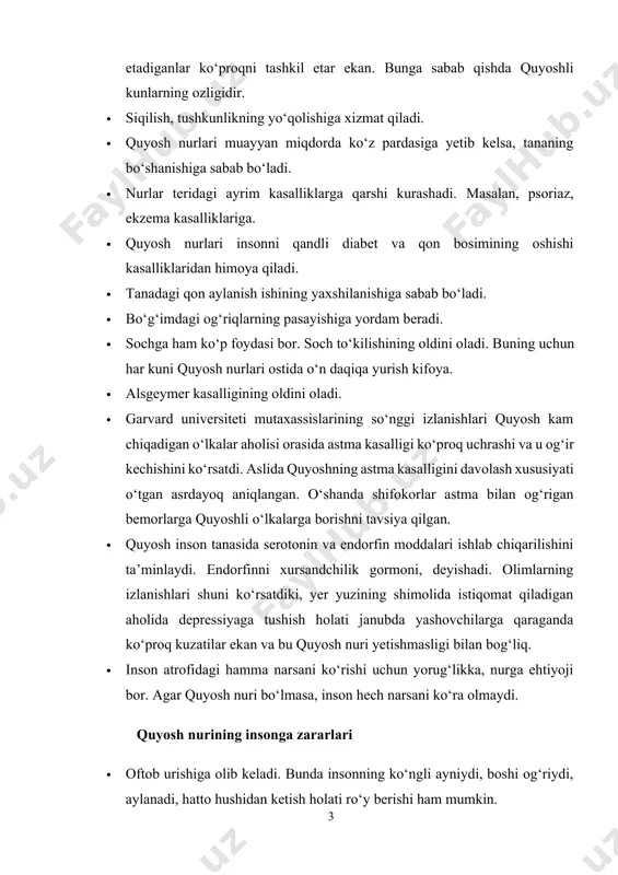 oniga sabab bo‘ladi. · quyosh nuri ostida ko‘p yurish ko‘zning to‘rpardasi zararlanishiga olib keladi. · terining qarishiga va ajin bosishiga olib keladi. · terida dog‘lar paydo bo‘lishiga sabab bo‘ladi. · yuz va tanada sepkillar paydo bo‘lishiga olib keladi. · sochning qurishiga, to‘kilishiga, rangining xiralashishiga sabab bo‘ladi. kurs ishini maqsadi: “quyosh radiatsiyasi. iqlim mintaqalari” kurs ishi bo'yicha yoziladigan asosiy maqsadi talabalarning quyosh radiatsiyasi. iqlim mintaqalarining nazariy va amaliy jihatlari xususidagi bilim va ko‘nikmalarini boyitish, ularda mavzularga oid bo'lgan mavjud muammolar va ularning yechimlari borasida aniq tasavvurlar hosil qilishdan iborat. kurs ishining obyekti va predmeti: mazkur kurs ishining tadqiqot ob`ekti sifatida quyosh radiatsiyasi. iqlim mintaqalari olingan. predmeti esa, iqlim mintaqalari va iqlimni o`zgarishiga ta`sir etuvchi tabiiy omillarning tasirini o`rganishni o`z ichiga oladi . kurs ishining ilmiy- amaliy ahamiyati. mazkur ishda geografiya va iqtisodiy bilim asoslari ta`lim yo`nalishi talabalari, fanga qiziquvchi va umumta`lim maktabi tabiiy geografiya fani o`qituvchilari o`quv qo`llanma sifatida foydalanishlari mumkun. …