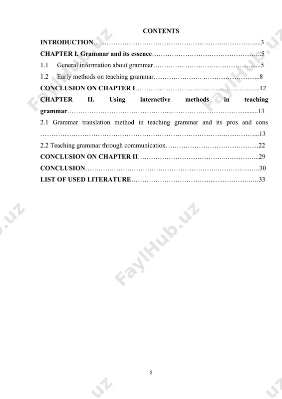 rk is studying interactive methods in grammar teaching as well as their peculiarities. the theoretical value of the research paper can be revealed in its novelty and accordance with interactive ways to teach grammar. the practical value of the paper is determined by the fact that the developed material and proper tasks and exercises make available the use of this work as a manual for learning and translating a foreign language in accordance with the teaching of grammar through interaction. the paper consists of an introduction and two chapters followed by their peculiar conclusions and the general conclusion and list of used literature and several relevant internet resources. the first chapter deals with the background study concerning the early methods of teaching grammar and their advantages and disadvantages. some citations and references are provided from the works previously conducted in this area. the second chapter is mainly concerned with the …