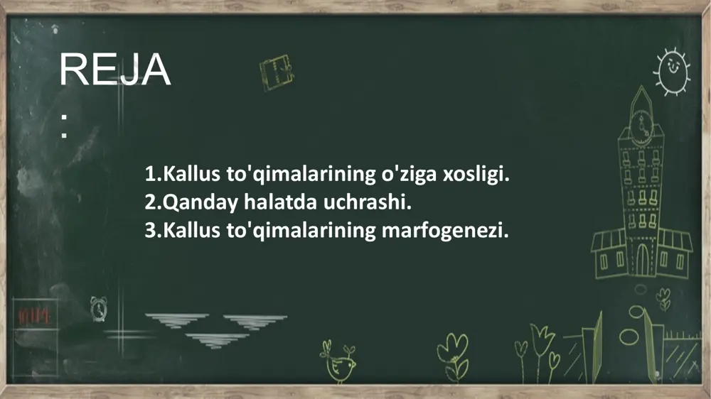 a (troliforsiya) olib keladi. agar tarkibida gormon saqlamagan oziqa muhitiga poya, barg yoki ildizni bir qismini tiqib qo‘yilsa, hujayralarni bo‘linishi amalga oshmaydi va kallus to‘qima hosil bo‘lmaydi. bu tabaqalashgan hujayralarni bo‘lina olmasligi bilan bog‘liqdir. har bir hujayra o‘sishni uch bosqichda o‘tadi kallusli to’qimalar kulturasida morfogenez deb hujayralarni tashkil bo’lmagan massasidan to’laqonli strukturalar hosil bo’lishiga aytiladi. morfogenezni ikki asosiy yo’li ma’lum (3.4 -rasm). to’qimalar kulturasini u organogenez sifatida (monopolyar tuzilishini hosil bo’lishi, ya’ni alohida organlarni) ko’rinish mumkin: ildiz, poya, kamroq feoral (gulli) yoki bargli hamda somatik embriogenez, ko’rinishida (somatik hujayralardan biftolyar zarodish kurtaksimon tuzilmalar holatida) ko’rinishi mumkin. organogenezda dastlab alohida organlar regenerasiya bo’ladi, keyin esa ulardan butun o’simlik paydo bo’ladi. ildiz organogenezi bundan mustasno. somatik embriogenez natijasida organogenezdan farqli o’laroq, ildiz meristemsi hamda tepa qavat meristemalariga ega bo’lgan kurtak hosil bo’ladi va undan keyinroq butun o’simlik o’sib chiqadi. thank you image1.jpeg image2.png image3.jpeg image4.jpeg image5.jpeg image6.jpeg