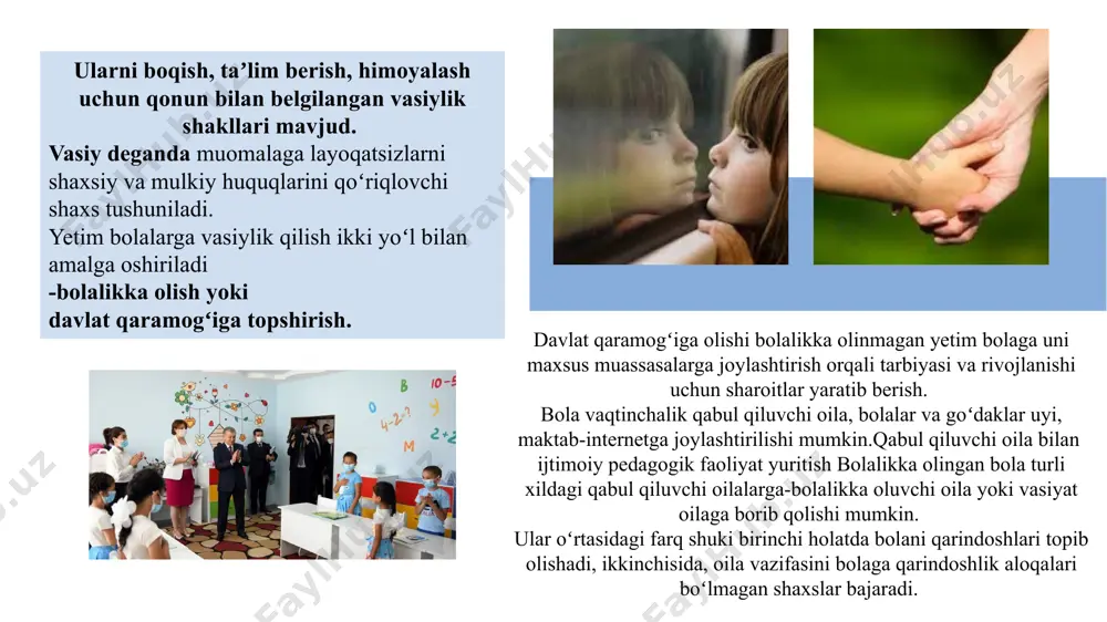 mlar tarbiyalanadilar, keyinchalik ular yoki bolalikka olinadilar yoki bolalar uyi hamda maktab internatlarga oʻtishadi. bolalar uyining maktab internatdan asosiy farqi uning tarbiyalanuvchilari shu atrofdagi maktablarda taʼlim olishadi, maktab-internat tarbiyalanuvchilari esa oʻsha muassasaning oʻzida ham yashashadi ham taʼlim olishadi. goʻdak hayotining ilk haftalarida hayotga eng qulay sharoitlarda onasiz tarbiya 90% holatlarda uning rivojlanishining buzilishiga olib keladi. internat turidagi muassasalarda tarbiyalanayotgan bolalar ruhiy va emotsional deprivatsiyadan azob chekishadi, sensor jihatdan och qolishadi, ular real hayotdan ajratib olinganlar. bolalar uylari, maktab-internatlarini deyarli barcha tarbiyalanuvchilari ruhiy jarohatni boshdan kechirishgan, bu esa ularning rivojlanishi uchun yomon oqibatlarga olib kelishi mumkin. bu vaziyatda goʻdaklar uylari, bolalar uylari, maktab-internatlar nafaqat taʼlim-tarbiya funksiyalarini bajarishga qaratilganlar, ular bolaning normal ijtimoiylashuvi, uning toʻliq rivojlanishini taʼminlashadi, nuqsonlarini toʻgʻirlashadi, tarbiyachilarning huquqiy va psixologik himoyalarini taʼminlashadilar. bu faoliyatda bolalar va oʻsmirlarning psixologik xususiyatlarini yaxshi tushunadigan ijtimoiy pedagog oʻz oʻrniga ega. mavzu yuzasidan nazorat savollari 1.yetim va ijtimoiy yetim tushunchalari qanday farqlanadi? 2.yetim bolalar …