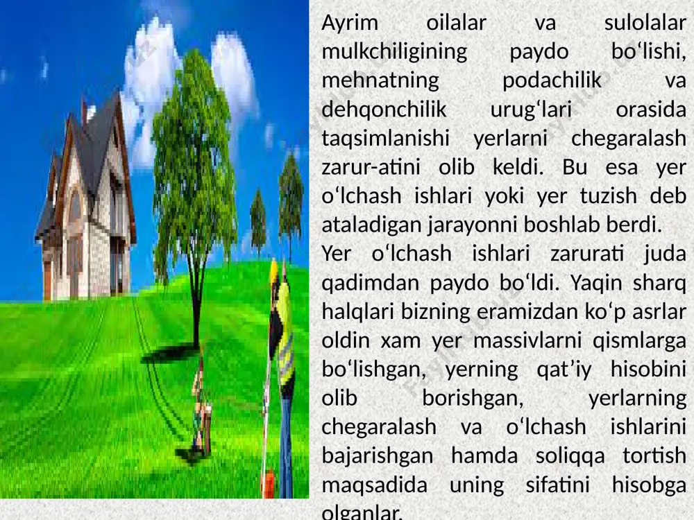 ining yer mulkdorlari va egalari huquqlariga nisbatan biroz cheklanganligini ko‘rsatadi. 2.yer tuzish tushunchasi mazmuni va vazifalari yer tuzish - bu ijtimoiy - iqtisodiy jarayon va yerdan foydalanish va uni muxofaza qilishni tashkil etish, yer egaliklari, yerdan foydalanishlar va maxsus yer fondlarini tashkil etish va tartibga solish. qishloq xo‘jaligi korxonalari xudud-larini tuzish, maqbul ekologik muxit va tabiiy landshaftlarni yaxshilash bo‘yicha tadbirlar tizimidir. yer tuzishning maqsadi inson bilan yer o‘rtasidagi buzilgan aloqani tiklash, yerga bo‘lgan xalq mulkchiligini amalga oshirish, undan oqilona foydalanish va muxofaza qilish, tabiiy muhitning o‘zgarishini oldini olishdir. yer tuzishning mazmuni o‘zbekiston respublikasi yer kodeksiga asosan belgilab berilgan yer tuzish ishlari tarkibi * respublika va uning mintaqalarining yer-suv resurslaridan foydalanish hamda ularni muhofaza qilish chizmalarini ishlab chiqish; * tumanlar va viloyatlarning yer tuzilishi chizmalarini ishlab chiqish; * tuproq unumdorligini oshirish, yerlardan oqilona foydalanish va ularni muhofaza qilish bilan bog‘liq istiqbol rejalarini, respublika miqyosidagi va hududiy dasturlarni ishlab chiqish; * alohida …