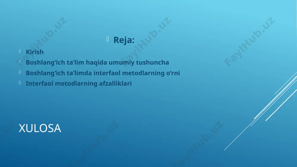 , ko‘nikma va malakalarni shakllantirishga xizmat qiladi. bu bosqichda o‘quvchilarning intellektual, axloqiy va ijtimoiy rivojlanishiga zamin yaratiladi. o‘zbekiston respublikasining "ta'lim to‘g‘risida"gi qonunida boshlang‘ich ta’lim 1-sinfdan 4-sinfgacha bo‘lgan bosqichni o‘z ichiga olishi belgilangan. bu davrda o‘quvchilarda o‘qish, yozish, hisoblash, muloqot qilish kabi asosiy kompetensiyalar shakllantiriladi. pedagogik yondashuvlar: bu bosqichda ko‘proq o‘yin texnologiyalari, interfaol mashg‘ulotlar va vizual-tasvirli vositalardan foydalanish orqali bolalarning bilimga bo‘lgan qiziqishini rag‘batlantirish maqsad qilinadi. iqtibos: boshlang‘ich ta’limning asosiy vazifalari: o‘quvchilarda o‘qish, yozish, hisoblash kabi boshlang‘ich kompetensiyalarni shakllantirish; darslik va boshqa manbalarni mustaqil o‘rganish ko‘nikmalarini berish; axloqiy tarbiya asoslarini singdirish; o‘quvchilarda muloqot, ijtimoiylashuv va o‘zini ifodalash madaniyatini shakllantirish. boshlang‘ich ta’limda interfaol metodlardan foydalanish bir necha muhim pedagogik va psixologik sabablar bilan izohlanadi: 2. boshlang‘ich ta’limda interfaol metodlarning o‘rni interfaol metodlar – bu o‘quvchi va o‘qituvchi o‘rtasida ikki tomonlama faol muloqotga asoslangan, o‘quvchilarni dars jarayonida faol ishtirok etishga undaydigan usullardir. boshlang‘ich ta’limda bu metodlar alohida ahamiyatga ega, chunki aynan bu bosqichda …