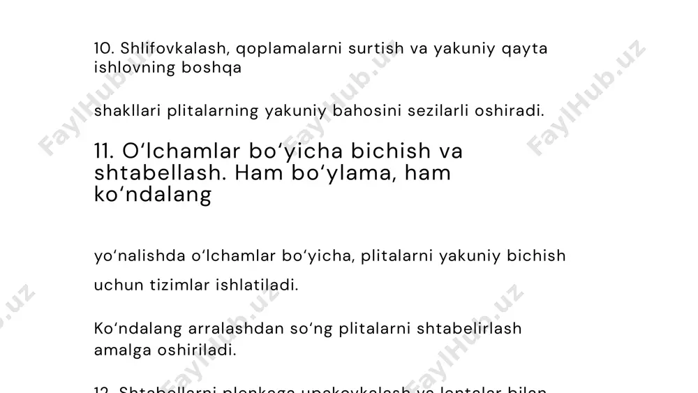 orativ ishlatiluvchi konstruksiyalarni yaratishda ishlatiladi; –arzon narx. laminatsiyalangan qalinligi 16 mm bo‘lgan mdf panel qiymati taxminan m2 uchun 300 sum ni tashkil qiladi, bu natural daraxt qiymatidan arzondir; –xizmat muddatining uzoqligi. panel yuzalari temperaturalar o‘zgarishida o‘z shaklini saqlaydi, maxsus to‘yintirmalar ularni zamburug‘, xasharot va mog‘ordan himoya qiladi. chidamli qoplama vaqti-vaqti bilan bo‘yash yoki lakirovkani talab qilmaydi va, ekspluatatsiya bo‘yicha yo‘riqnomaga rioya qilinganda, bir necha o‘n yillar xizmat qiladi; –dekorativ bezatish. mdf panellarni bezatishning mavjud usullari, bir necha usullarni birlashtirish imkoniyati (bo‘yash va shponlash) – interer hosil qilishda katta imkoniyalar yaratadi; –oddiy montaj. mdf panellarni o‘rnatish osondir – buning uchun maxsus tayyorgarlik va uskuna talab etilmaydi. mdf panelli bezak franmentining buzilishida, uni yangisi bilan almashtirish osondir, chunki zavod o‘lchamlari standartdir; –oson qayta ishlov. mdf plitalarning yuqori zichligi turli-tuman relef yaratuvchi frezer qayta ishlovga moyildir. salbiy xususiyatlari: –katta og‘irligi. yog‘ochdan farqli ravishda, shunday kenglikdagi mdf plitalar og‘irroqdir; –changlanishi. plitalarni qayta ishlash va …
