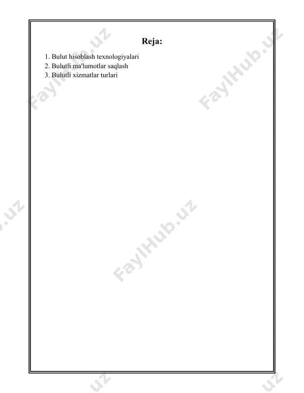 onidan foydalaniladi. xususiy bulut jamoat bulutiga nisbatan xavfsizlik va maxfiylik darajasidan yanada yuqori bo'lishi bilan ajralib turadi. - **gibrid bulut**: bu model, asosan, jamoat va xususiy bulutlarning kombinatsiyasiga asoslangan. ushbu modelda har ikkala turdagi bulutning afzalliklaridan foydalanish imkoniyati mavjud. - **jamiyat buluti**: u bir xil biznes yoki faoliyat yo‘nalishida faoliyat yurituvchi tashkilotlar tomonidan foydalaniladi. bulut hisoblash texnologiyalari sanoatning ko'plab sohalariga katta ta'sir ko'rsatmoqda. misol uchun, sog'liqni saqlash sektori bulut hisoblashdan foydalanib, bemorlar ma'lumotlarini masofadan boshqarishga o'tmoqda. global e-sog'liqni saqlash xizmatlari hajmi 2020-yilda 45 milliard aqsh dollari bo'lsa, bu ko'rsatkich 2027-yilga kelib 150 milliard dollarga yetishi kutilmoqda. bulut hisoblash texnologiyalaridan foydalanish xarajatlarni kamaytiradi, infrastruktura samaradorligini oshiradi va kiberxavfsizlik darajasini mustahkamlaydi. shu sababli, 2023-yilga kelib, tahminiy ko'rsatkichlarga ko'ra, dunyo bo'ylab tashkilotlarning 83 foizi kamida bitta bulut xizmat turidan foydalanadi. bulut xizmatlarining kengayishi va rivojlanishi ham bulut xavfsizligiga talabning oshishiga olib kelmoqda. bulut xavfsizligi bozorining hajmi 2020-yilda 29 milliard aqsh dollarini tashkil etgan …