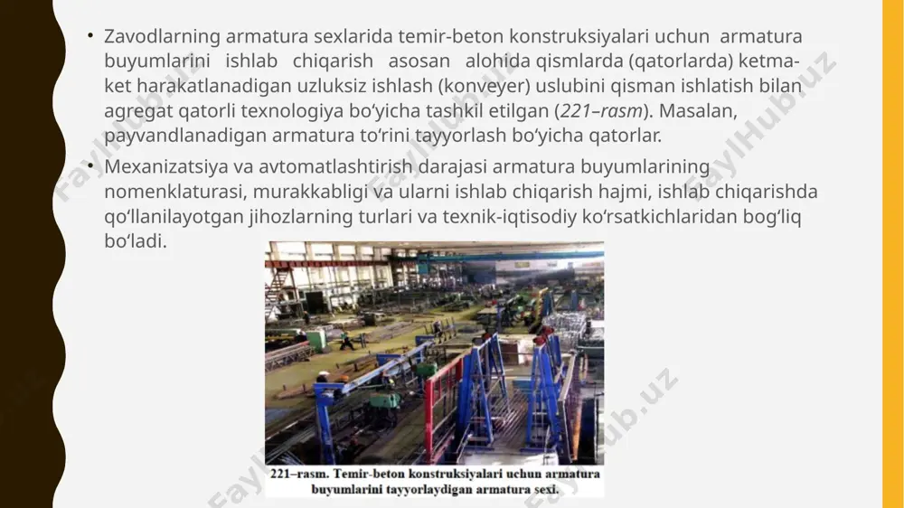 amaradorligini oshirish, texnologik jarayonni soddalashtirish hamda mehnat xavfsizligini ta'minlashda muhim rol o‘ynaydi. uskunalar texnologik ketma-ketlikka muvofiq joylashtirilganda, xomashyo oqimi optimallashtiriladi, vaqt va mehnat sarfi kamayadi. shuningdek, zamonaviy uskunalar va avtomatlashtirilgan boshqaruv tizimlarining joriy etilishi ishlab chiqarish sifati va unumdorligini sezilarli darajada oshiradi. to‘g‘ri joylashtirilgan sex infratuzilmasi esa ishlab chiqarish jarayonini barqaror va xavfsiz qilishga xizmat qiladi. sexda mashinalarni joylashtirishda texnologik jarayonning izchilligi, xavfsizlik talablari va ergonomik sharoitlar hisobga olinishi lozim. bundan tashqari, uskuna va yo‘laklarning optimal joylashuvi harakatlanish qulayligini ta’minlaydi va texnologik jarayonlarni tezlashtiradi. shunday qilib, armatura sexida uskunalarni to‘g‘ri joylashtirish ishlab chiqarish samaradorligini oshirish, resurslardan oqilona foydalanish va mehnat sharoitlarini yaxshilashga xizmat qiladi. foydalanilgan adabiyotlar 1.armatura sexi va beton qorishmasini tayyorlash texnologik uskunalari. o’quv qo’llanma/ z.m.sattorov- toshkent: bookmany print,2023. 464-468 betlar image1.png image2.png image3.png image4.png image5.png /docprops/thumbnail.jpeg