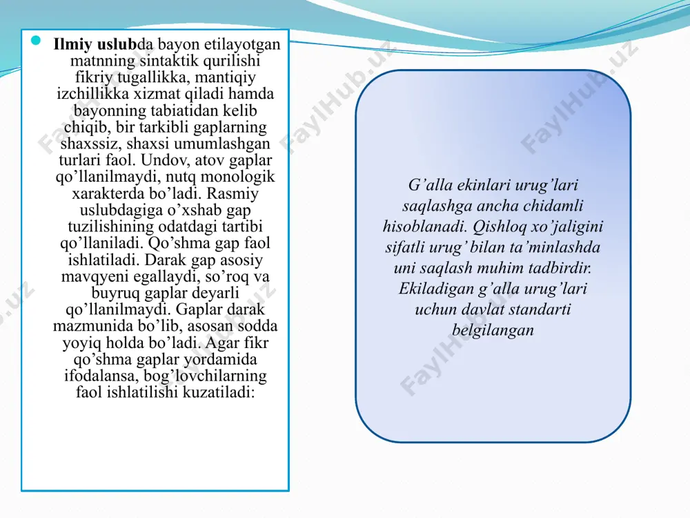 gap shakllari odatdagi hol hisoblanadi. kitobiy nutq uchun bog’lovchisiz qo’shma gaplar odatda xos emas, og’zaki so’zlashuv nutqi uchun esa, aksincha, xarakterlidir. so’zlashuv nutqidagi sodda gaplar ko’pincha fe’l bilan ifodalangan kesimning yo’qligi bilan xarakterlanadi. hatto ba’zan shunday holatlar ham bo’ladiki, bunday gaplarga fe’l-kesimni qo’yib ham bo’lmaydi. masalan, biz siznikiga. biz magazinga; men, odatda ishga avtobusda, ishdan piyoda kabi. tilshunoslikda murakkablashgan gaplar atamasi ham bor. gaplarning murakkablashuvi ularga qo’shilib, mazmunan kengaytirib keladigan kirish, kiritma, undalma kabi ajratilgan gap bo’laklari hisobiga bo’ladi. image2.png image3.png image4.png image5.png image6.png image7.png image8.png /docprops/thumbnail.jpeg