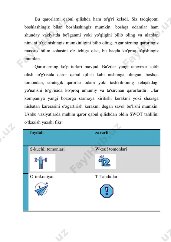 uchun juda uzoq vaqt talab etiladi, noqonuniy va boshqalar)? · etarli tanlov: odamlar band va ko'plab qarorlarni tezda qabul qilish kerak. bir tomondan biz chinakam alternativalar bo'lishi uchun juda qattiq o'ylashimiz kerak. boshqa tomondan, ko'rib chiqiladigan variantlarning ko'pligi chalkash bo'lishi mumkin va har bir variantni etarli darajada baholash qiyin bo'lishi mumkin. · eksklyuziv va qo'shimcha alternativalar: ba'zi rejalar boshqalarni istisno qiladi. agar sizning byudjetingiz cheklangan bo'lsa, avtomobil sotib olish sizning kvartirangizni ta'mirlay olmasligingizni anglatadi. ammo ba'zi rejalar bir-birini to'ldiradi. bir vaqtning o'zida mahsulotni yaxshiroq marketing, chegirmalar va sifatni yaxshilash orqali yaxshilashingiz mumkin. shunday qilib, har doim yaxshi variantlarni birlashtira olishingizni tekshirib ko'ring. 4-qadam: variantlarni baholang va eng yaxshisini tanlang bizda mavjud bo'lgan bir qator variantlar mavjud bo'lganda, eng yaxshisini tanlash vaqti keldi. ammo nima "eng yaxshi" deb hisoblanadi? yagona to'g'ri javob yo'q, chunki bu qisman sizning qadriyatlaringiz, ustuvorliklaringiz va xavfli ishtahangizga bog'liq. akademik qarorlar nazariyasida, qaror qabul qilishning asosiy qoidalaridan …