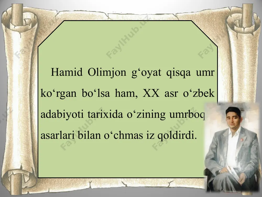 boshlab qaynoq ijodiy va ijtimoiy faoliyat bilan shug‘ullana boshladi. uning «olov sochlar», «poyga», «o‘lim yovga», «daryo kechasi», «she’rlar», «o‘lka», «oygul bilan baxtiyor», «baxt» she’riy to‘plamlari, dostonlari, tarjima asarlari ketma-ket nashr qilindi. 1939-yilda u o‘zbekiston yozuvchilar uyushmasiga mas’ul kotib etib tayinlandi. yangi o‘zbek she’riyatining kamol topishi, lirik janrlarning rivojlanishi, lirik qahramon tuyg‘ularining badiiy mujassamlanishida hamid olimjonning ham munosib o‘rni bor. u tabiatan lirik shoir, nozik hissiyot va kechinmalar musavviridir. shoir sevgi mavzusiga murojaat qilganida ham, tabiat tasvirini chizganida ham lirik qahramon tuyg‘ulari baxt-saodat yog‘dulari bilan nurafshon bo‘ladi. hamid olimjonning lirik qahramoni uchun eng muhim narsa – baxtdir. u go‘zallik bilan uchrashar ekan, baxt bilan yuzma-yuz kelgandek bo‘ladi. shuning uchun ham shoirning sevgi va tabiat tasviriga bag‘ishlangan she’rlarida quyoshli tuyg‘ular mavjlanib turadi. beg‘ubor insoniy tuyg‘ular, jozib kechinmalar, baxt sururidan shodon lirik qahramonning ruhiyati shoir she’riyatida xalqona, musiqiy ravon ifoda tarziga ega. hamid olimjonning urush davrigacha bo‘lgan ijodida «ofeliyaning o‘limi», «holbuki tun...», «ishim …
