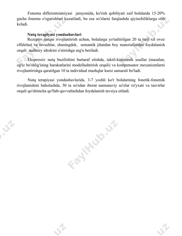 esa so'zlarni farqlashda qiyinchiliklarga olib keladi. nutq terapiyasi yondashuvlari rezeptiv nutqni rivojlantirish uchun, bolalarga yo'naltirilgan 20 ta turli xil ovoz effektlari va tovushlar, shuningdek, semantik jihatdan boy materiallardan foydalanish orqali auditory idrokini o'stirishga urg'u beriladi. ekspressiv nutq buzilishini bartaraf etishda, taktil-kinestesik usullar (masalan, og'iz bo'shlig'ining harakatlarini modellashtirish orqali) va kompensator mexanizmlarni rivojlantirishga qaratilgan 10 ta individual mashqlar kursi samarali bo'ladi. nutq terapiyasi yondashuvlarida, 3-7 yoshli ko'r bolalarning fonetik-fonemik rivojlanishini baholashda, 50 ta so'zdan iborat namunaviy so'zlar ro'yxati va tasvirlar orqali qo'shimcha qo'llab-quvvatlashdan foydalanish tavsiya etiladi. 📌xulosa ko'rish imkoniyati cheklangan bolalarning nutqida leksik boyligi va grammatikaviy tuzilishining rivojlanishida sekinlik, fonetik jihatdan noto'g'ri talaffuzlar va nuqsonlar kuzatiladi, biroq erkin muloqot qobiliyatini rivojlantirish uchun erta korrektsion ishlar muhim ahamiyatga ega. 📚foydalanilgan adabiyotlar 1. ko'rish imkoniyati cheklangan bolalarning nutq xususiyatlarini o'rganish bo'yicha tadqiqotlar. (tadqiqot nomi va manbasini ko'rsatish kerak.) 2. ko'zi ojiz bolalarning leksik-grammatik rivojlanishining xususiyatlari. (manba ko'rsatilishi kerak.) 3. ko'rish imkoniyati cheklangan bolalarda …