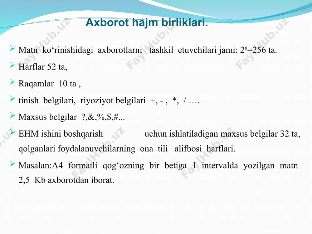 blarsiz foydalanish imkoni; foydalanuvchining maxsus, kasbiy tayyorgarliksiz ishlashi imkoniyatini beruvchi operatsion tizim va yordamchi dasturlar; ishlashning yuqori darajada ishonchliligi (buzilmasdan 5000 soatdan ortiq ishlashi). 1-shaxsiy kompyuter 1973-yil fransiyada trong ti firmasi tomonidan ishlab chiqarilgan. kompyuter (ingl. computer – hisoblagich) – elektron shaklga ega turli ma’lumotlarni qabul qilish, yig‘ish, saqlash, ularga ishlov berish, axborot uzatish, hisoblash kabi imkoniyatlarga ega bo‘lgan qurilma. kompyuterlarning turlari: mini kompyuterlar (minicomputer) portativ kompyuterlar (notebook) shaxsiy kompyuterlar (personal computer) server kompyuterlar (servers) super kompyuterlar (super computer) kompyuter va uning turlari mini kompyuterlar va notebook mini kompyuterlar – o‘lchami va bajaradigan amallar hajmi jihatidan juda kichik hisoblanadi. bunday kompyuterlar cho‘ntak kompyuterlari deb ataladi. portativ kompyuterlar(notebooklar) – bunday turdagi kompyuterlaning ekrani va asosiy bloki birlashgan bo‘lib, mobil foydalanishga juda qulay. shaxsiy kompyuterlar va serverlar shaxsiy kompyuterlar - uyda va ish joyida turli masalalarni yechishda foydalaniladigan kompyuterlar. server kompyuterlar – fan va texnikaning turli sohalariga oid masalalarni yechishga hamda tarmoqdagi …