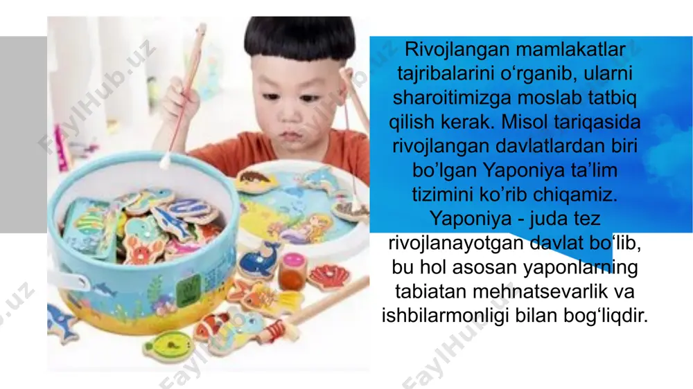 izimiga kiradi bolalar bog‘chasiga farzandlarni berish ixtiyoriy ravishda amalga oshiriladi. bolalar bog‘chasiga qatnash uchun ota- onalardan ularning daromadiga qarab ma’lum miqdorda to‘lov olinadi. maktabgacha bolalar bog‘chasi tayyorlov sinflari va kirish guruhlari maktab ta’limining birinchi bosqichiga kiradi. fransiya ta’limida bolalarning go‘daklik chog‘idanoq maktabda o‘qitish uchun tayyor holda olib kelish g‘oyat muhim masala hisoblanadi. bu bosqichda tarbiyalanuvchilar quyidagicha tabaqalashtirilgan: kichik guruh (2- 4 yosh), o‘rta guruh (4- 5 yosh), katta guruh (5- 6 yosh). maktabga tayyorlov guruhi (5- 6 yosh) bo‘lib, ularga fransiyada 100% shu yoshdagi bolalar qamrab olingan. bolalarni maktabga tayyorlash uchun alohida dastur va darsliklar mavjud. hulosa qilib shuni aytish mumkinki, o‘zbekistonni ta’lim tizimiga xorij pedagogikasidagi ilg‘or jixatlarni o‘zlashtirish, yangi - yangi samarali o‘quv predmetlarini ta’lim tarkibiga kiritish bilan jahon davlat standartlari darajasiga olib chiqish osonlashadi buning uchun esa biz rivojlangan xorijiy mamlakatlardagi quyidagi ilg‘or tajribalarni ta’lim tizimimizda qo‘llay bilishimiz maqsadga muvofiqdir. c aqsh pedagogikasidagi: bolani o‘z kuchi imkoniyatiga ishonch …