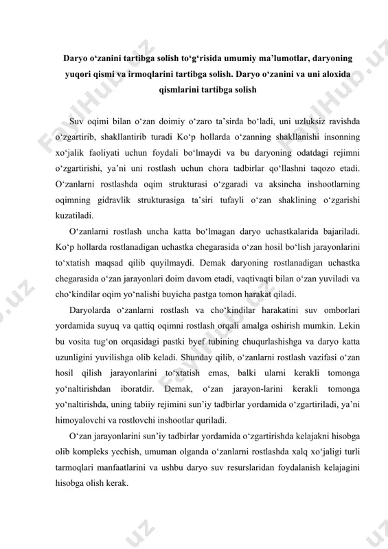 tadbirlar yordamida o‘zgartiriladi, ya’ni himoyalovchi va rostlovchi inshootlar quriladi. o‘zan jarayonlarini sun’iy tadbirlar yordamida o‘zgartirishda kelajakni hisobga olib kompleks yechish, umuman olganda o‘zanlarni rostlashda xalq xo‘jaligi turli tarmoqlari manfaatlarini va ushbu daryo suv resurslaridan foydalanish kelajagini hisobga olish kerak. suv olish inshooti yaqinida daryo o‘zanlarini rostlash daryodan suv olishdagi o‘zanlarning rostlashning asosiy vazifasi kanallarga plan asosida suv olishni ta’minlash bilan birga, bu suv bilan birga kanallarga kiradigan yirik cho‘kindilarning kam miqdorda bo‘lishini ta’minlashdan iborat. bu vazifaning bajarilishi suv oladigan inshoot yaqinida suvning oqish sharoitiga anchagina bog‘liq. suv olish sharoitini yaxshilash uchun, ko‘pincha inshoot yaqin yerlaridagi o‘zanlarda qator rostlash ishlari kospleksi bajariladi. daryodan to‘g‘onsiz va tug‘onli suv olish masalalari va ularning tarkibi qator o‘ziga xos xususiyatlarga ega bo‘ladi. to‘g‘onsiz suv olishda o‘zanlarni rostlash. sug‘orish, suv ta’minoti va energetika ehtiyojlari uchun daryodan suv olish sohasidagi qator misollar oqimlarni rostlash inshootlari va bu bilan bog‘liq bo‘lgan ishlar, ayniqsa daryodan tug‘onsiz suv olish katta …