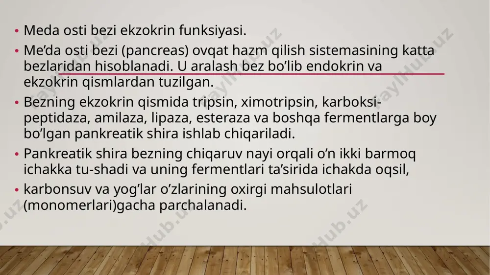 ar hamda pankreozimin va xoliisitokinin gormonlarini ishlovchi endokrin hujayralar uchraydi. bu gormonlar ta’sirida me’da osti bezi atcinar hujayralarining sekretor faoaliyati va jigardan o’t ajralishi kuchayadi. me’da osti bezi parasimpatik va simpatik nerv sistemalari bilan juda boy ta’minlangan. vegetativ nerv sistemasi tarmoqlari, masalan, adashgan nerv, yuqori qorin va quyoshsimon chigal tarmoqlari me’da osti bezi atrofida chigal-lar hosil qiladi. bu chigalning ko’pgina tarmoqlari qo’shni duo-denal jigar, me’da chigallari va boshqa chigallar bilan bog’lan-' gan holda bo’ladi. adashgan nerv impul’slari ta’sirida me’da osti bezidan shira ajralishi ko’payibgina qolmasdan, balki fermentlarning sintezlanishi ham oshadi va tezlashadi. etiboringiz uchun raxmat image2.jpeg image3.jpeg image4.jpeg image1.jpg /docprops/thumbnail.jpeg