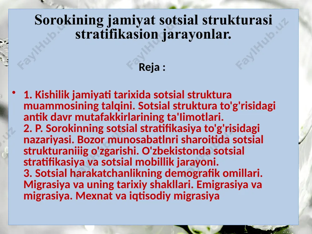 larini ijtimoiy dinamikaning sotsial mobillik (lotincha mobilis - harakatchan, o'zgaruvchan) va ijtimoiy o'zgarishlar, deb ataladigan ko'rinishlari ifodalaydi. sotsial mobillik tushunchasi sotsiologik tadqiqotlar doirasiga p. sorokin kiritgan edi. sotsial mobillik kishilarning muayyan ijtimoiy guruh va tabaqalardan boshqalariga o'tishlarini (ijtimoiy o'zgarishlar), shuningdek, ayni bir ijtimoiy tabaqa doirasida mashg'ulotlarmng o'zaro almashtirishini anglatadi. sotsial mobillik tushunchasi guruhlar va bir butun jamiyatlar «ochiqligi» yoki «yopiq!igi»ni tavsiflash uchun ishlatiladi. ijtimoiy stratifikasiya hamda uning tarixiy turlari stratifikasiya (lot. stratum - qatlam va fasio - bajaraman) - jamiyat tuzilmasi, alohida qatlamlari, ijtimoiy tabaqalanish belgilari tizimi va tengsizlikni ifoda etuvchi sotsiologik tushunchadir. ijtimoiy stratifikasiya sotsiologik tushuncha bo'lib, jamiyat va uning ayrim qatlamlari tuzilishini, ijtimoiy tabaqalanish, tengsizlik belgilari tizimini ifodalaydi. shuni alohida qayd etish lozimki. «emmigrant» va «immigrant» tushunchalari uchun xalqaro yagona ta'rif mavjud emas. bu tushunchalar bo'yicha har bir davlatning o'z mezonlari bordir. masalan. bolgariyada «immigrant» shu davlatga joylashish maqsadida boshqa davlatdan kelganlar: «emmigrant» esa - bolgariyani butunlay tashlab …
