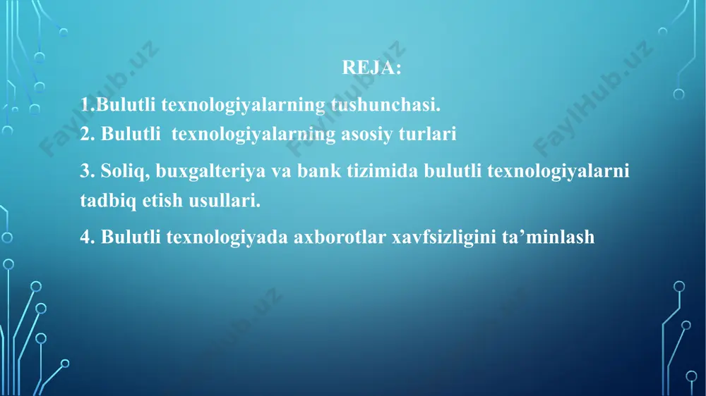 mmo uni boshqarolmaydi va infratuzilma, operatsion tizim va o'zi ishlayotgan dasturiy ta'minot haqida qayg'urmasligi kerak. 2008 yilda nashr qilingan ieee hujjatiga ko'ra, "bulutli hisoblash bu paradigma bo'lib, unda ma'lumot internet serverlarida doimiy ravishda saqlanadi va mijoz tomonidan vaqtincha saqlanadi, masalan, shaxsiy kompyuterlarda, o'yin pristavkalari, noutbuklar, smartfonlarda va hokazo xususiy bulut-bu infratuzilma bulutli hisoblashni tadbiq etishda yagona tashkilot doirasida foydalaniladi. misol uchun onlayn xizmatlar: amazon ec2, google apps / docs, microsoft office web community cloud (jamoaviy bulut) -bu infratuzilmada bulutli hisoblashdan faqatgina tashkilotning alohidabir jamoasi, (bo’lim) foydalanishi mumkin. public cloud (ommaviy bulut) -bu infratuzilma bulutli hisoblash xizmatlaridan keng omma foydalanish imkoniyatiga ega gibrid cloud (aralash bulut) – bu yuqoridagi tarqatish modellarining barchasini o’z ichiga oladi. umumiy bulutli xizmatlar keng omma tomonidan bepul foydalanish uchun mo'ljallangan zamonaviy bulutli texnologiyalar nafaqat tayyor tarmoq va server qurilmalari, balki, asta-sekin ichki tizimlar (embedded cloud) bozoriga ham jadal kirib bormoqda. turli xildagi qurilmalarni global tarmoqqa ulash …